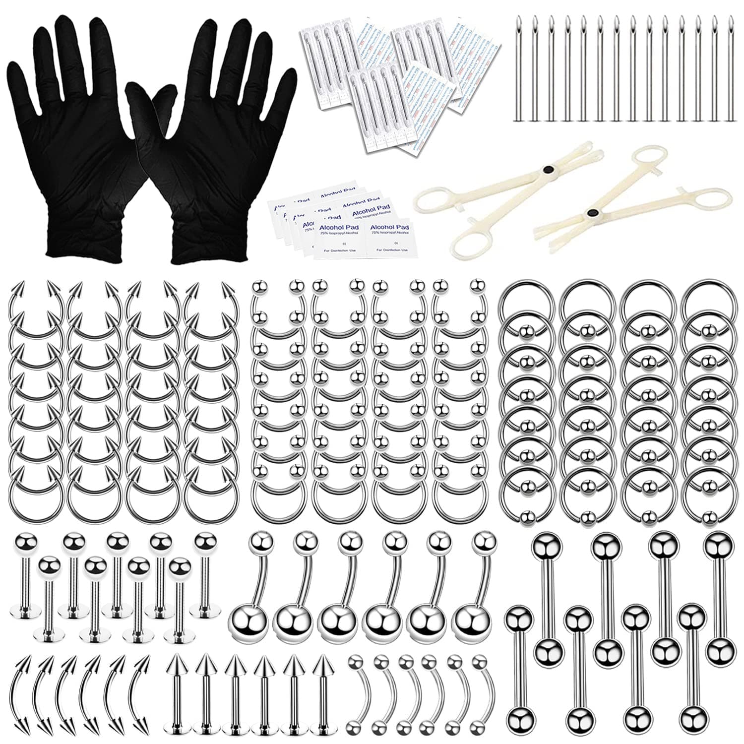 BodyJ4You 200PC PRO Body Piercing Kit | Nose Septum Ear Cartilage Lip Belly Navel Tragus Eyebrow | Surgical Steel 14G 16G BCR CBR Ring Barbell Spike | Tools Needles Gloves Clamps