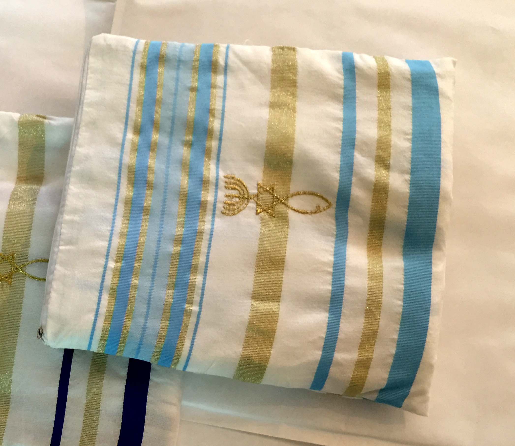 Light Blue and Gold Grafted In Messianic Tallit Talit Prayer Shawl 22"x72" with matching Bag
