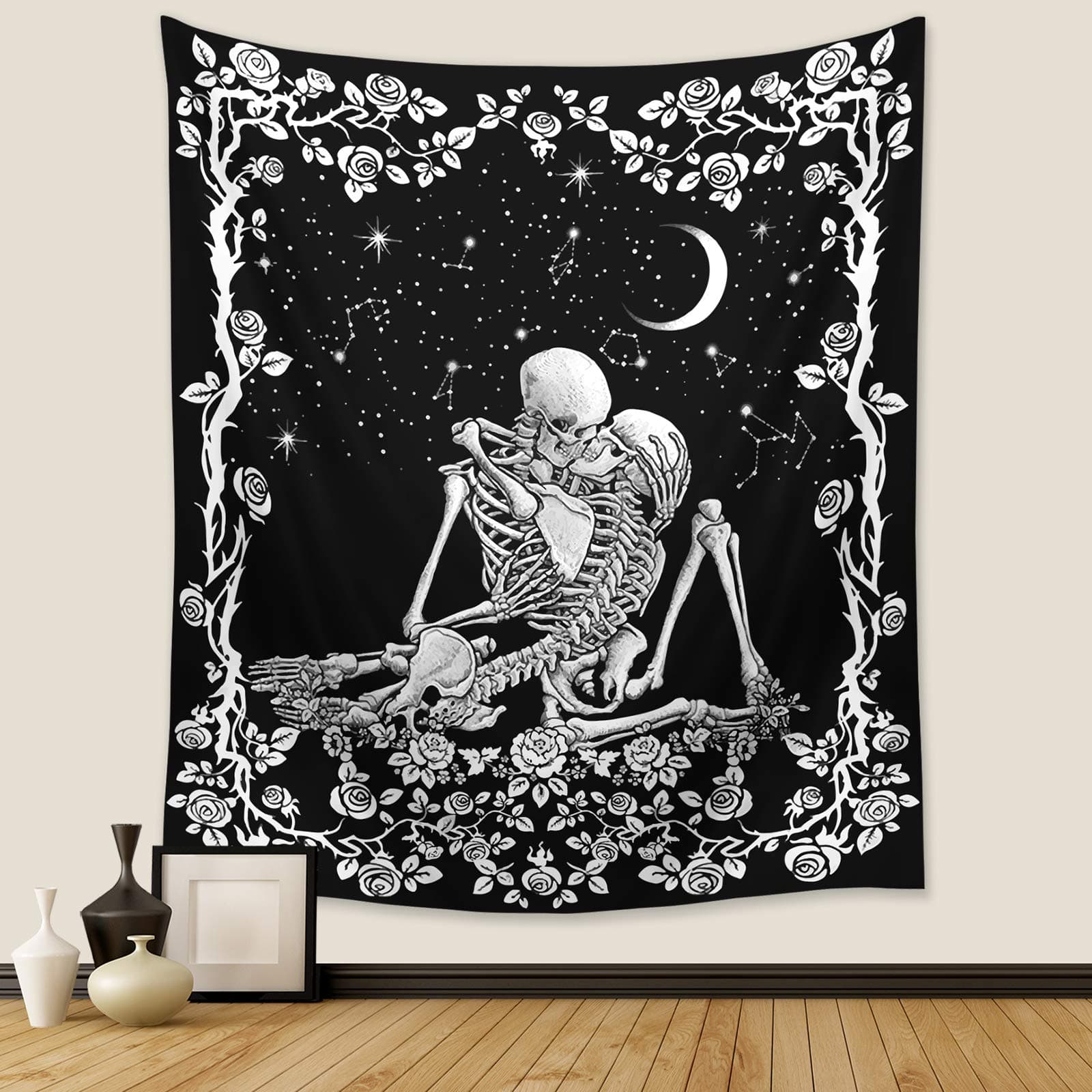 The Lovers Skull Tapestry,Black and White Romantic Constellation Skeleton Tapestries Wall Hanging decor for Living Room Bedroom (51.2”x 59.1”)
