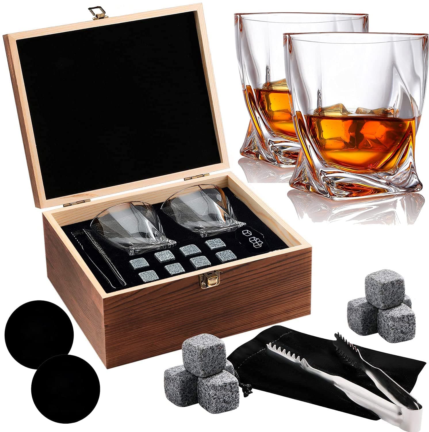 Whiskey Stones and Whiskey Glass Gift Boxed Set, 8 Granite Chilling Whisky Rocks, 2 Glasses in Wooden Box, Great Gift for Father's Day, Dad's Birthday or Anytime For Dad, Plus 2 Free Coasters