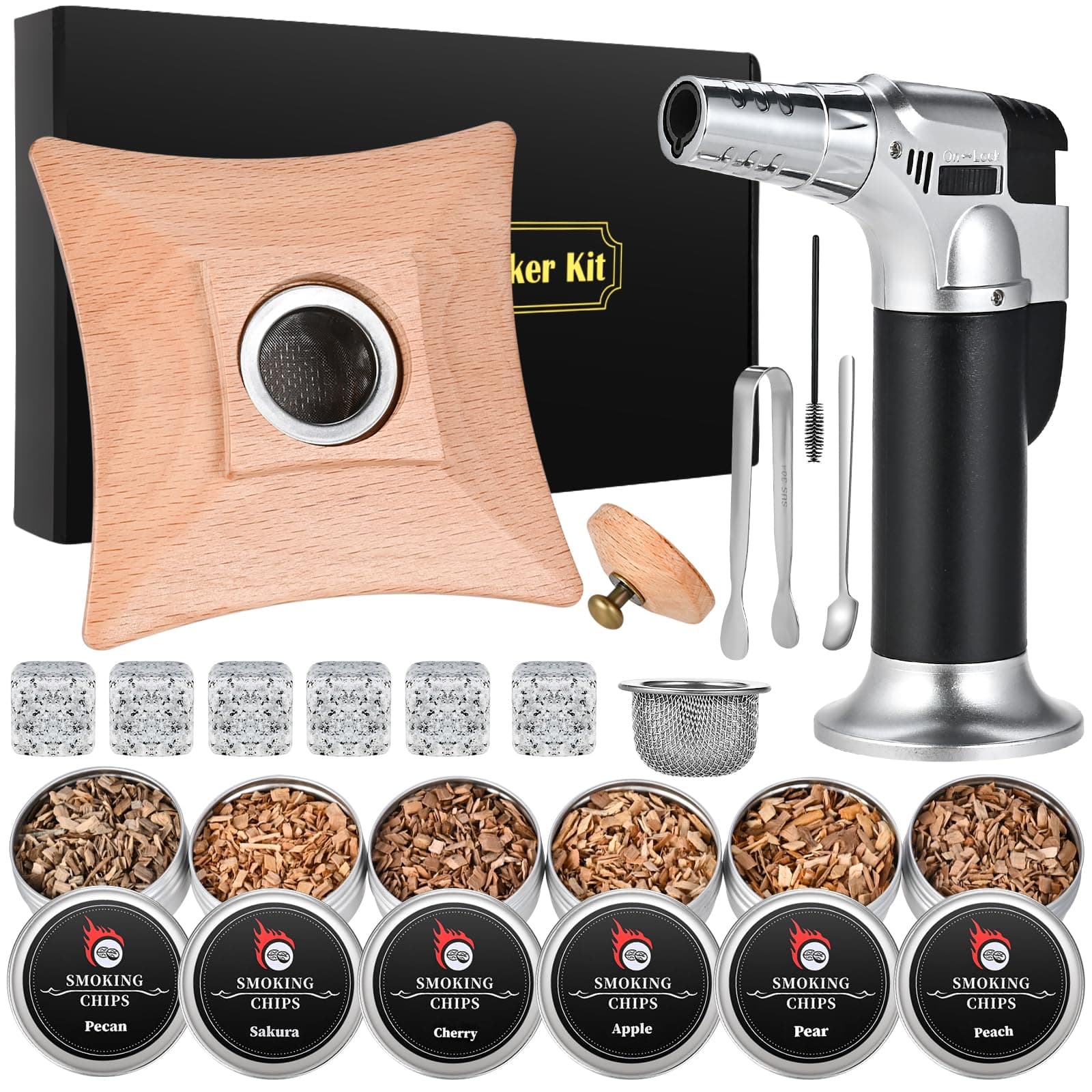 6-Flavor Wood Chip Cocktail Smoker Kit with Torch, Infuse Bourbon & Whiskey, Enhance Old Fashioned Drinks, Great Birthday Gift for Him (Butane not included)