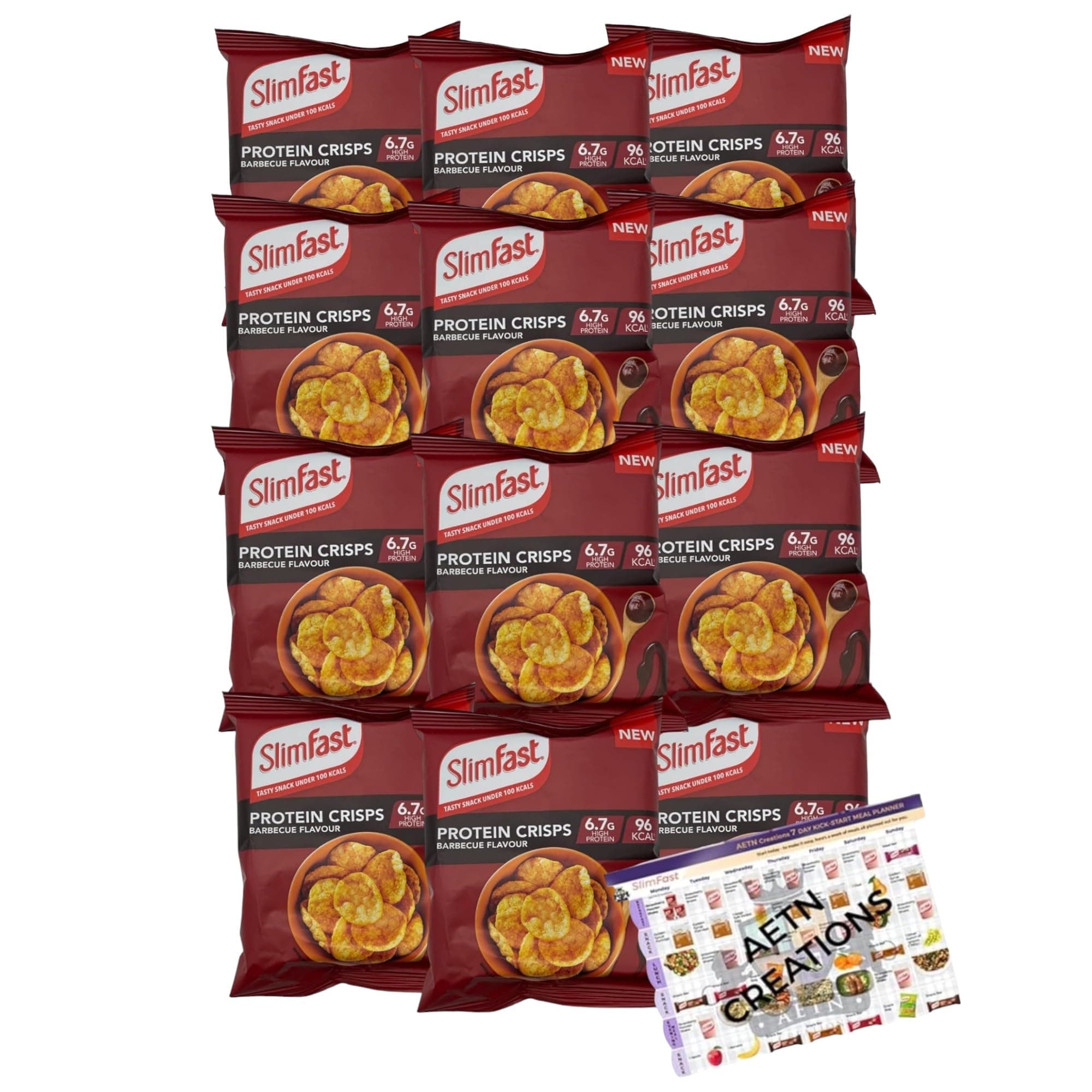 AETN CreationsSlim Fast Protein Crisps, 12 Packs, BBQ Flavour, High Protein Snack, with AETN Meal Planner