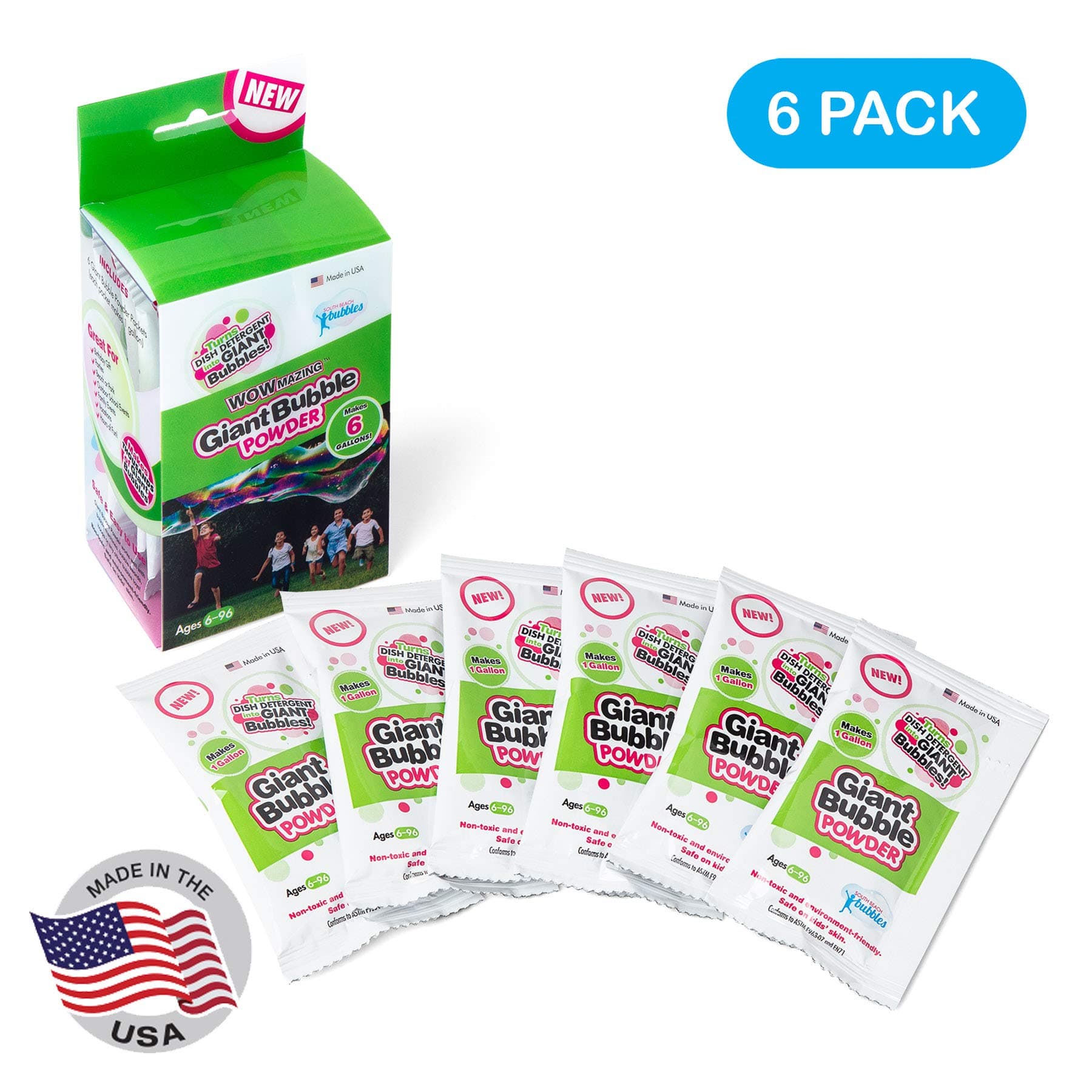 WOWMAZINGBig Bubble Refill Powder Mix (6 Packets) - Turns Dish Detergent into Giant Bubbles. Makes 6 GALLONS! - Made in USA