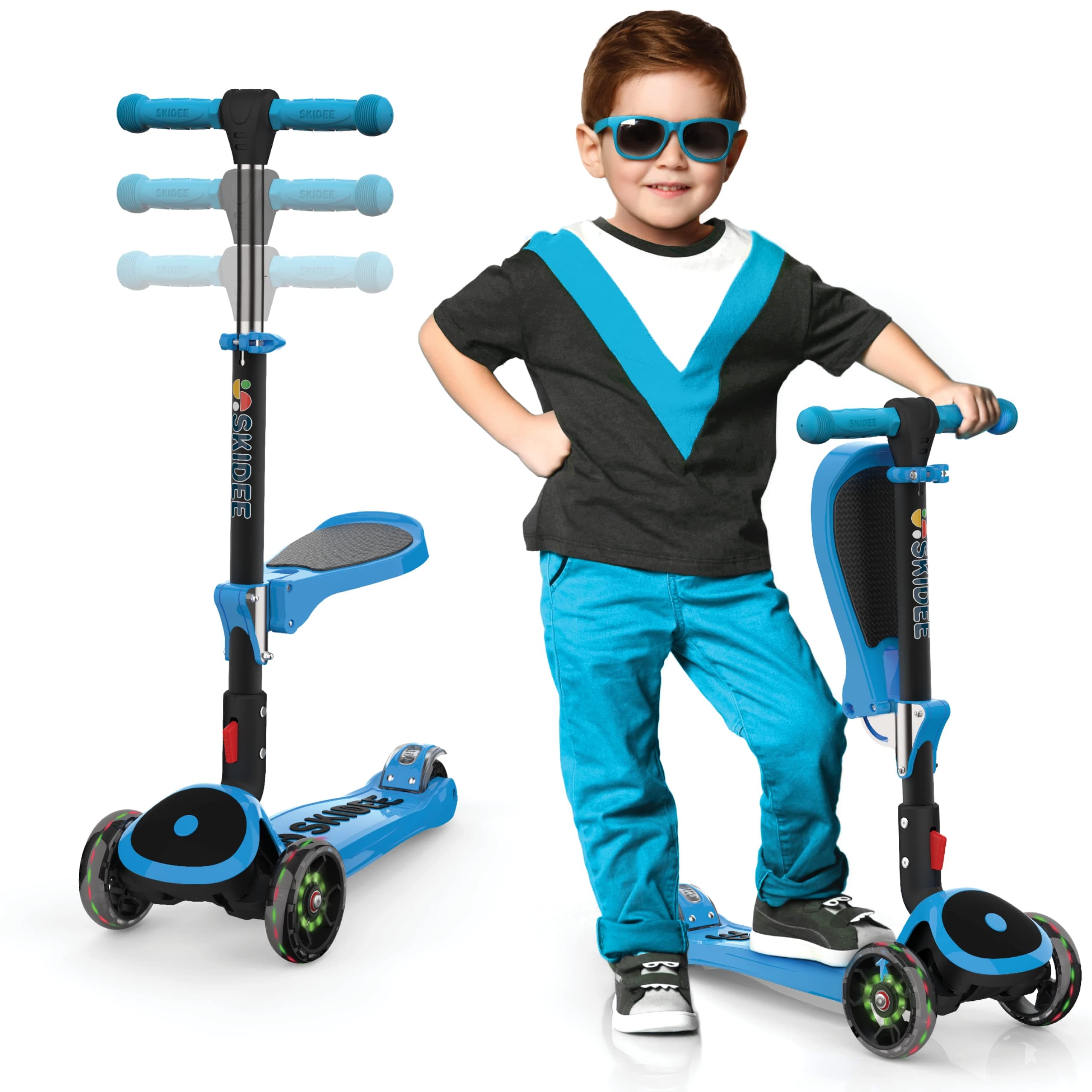 Kick Scooters for Kids Ages 3-5 (Suitable for 2-12 Year Old) Adjustable Height Foldable Scooter Removable Seat, 3 LED Light Wheels, Rear Brake, Wide Standing Board, Outdoor Activities for Boys/Girls