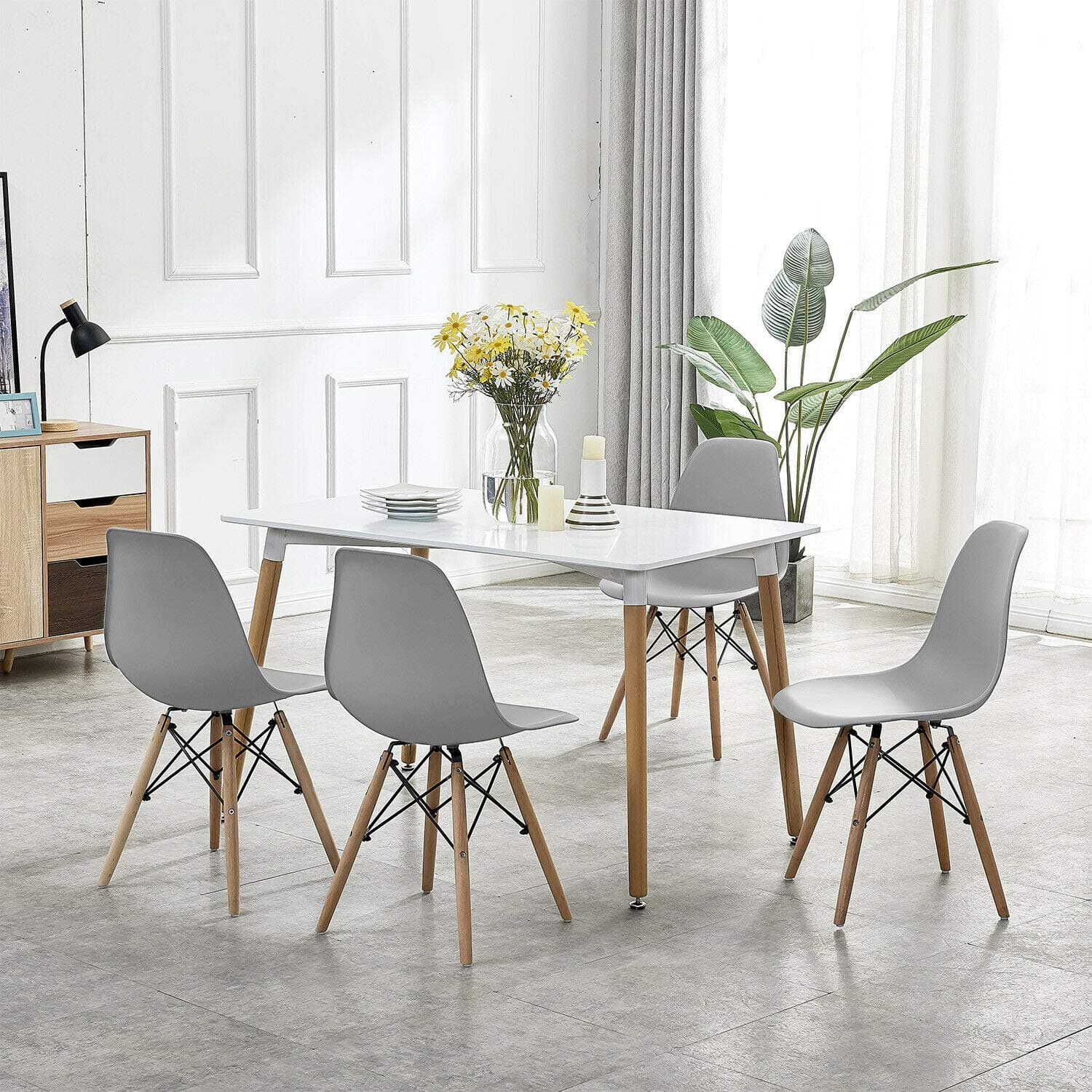 Econo® Dining Table and 4 Chairs White Solid Wooden Rectangle Table 120x80xH75 cm with 4 Grey Chairs Dining Table Set Kitchen Dining Room Furniture