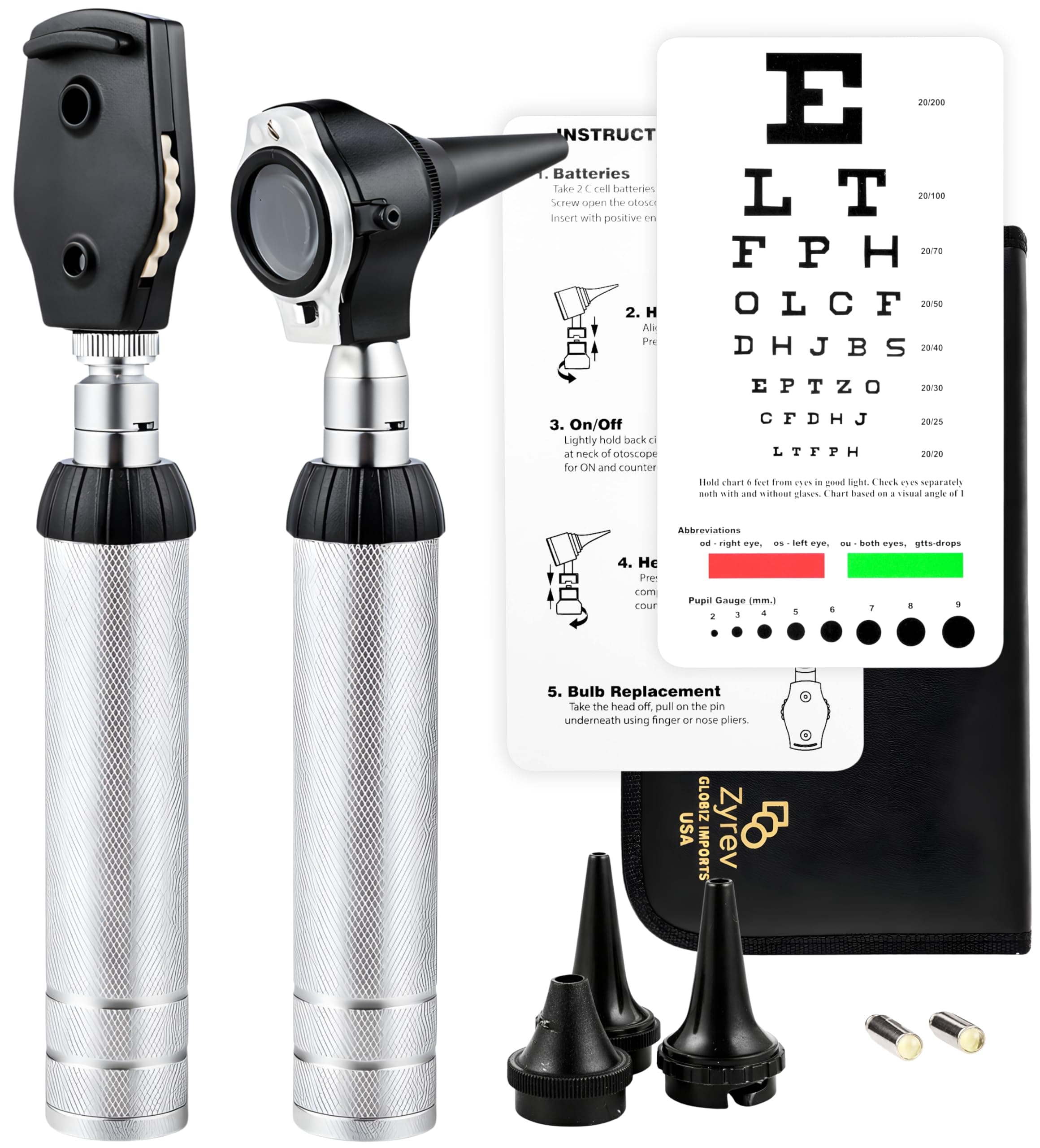 Zyrev ZetaLife 2 in 1 Otoscope Set - Perfect for Nursing & Medical Students with Carry Case, Sight Chart & Replacement Tips