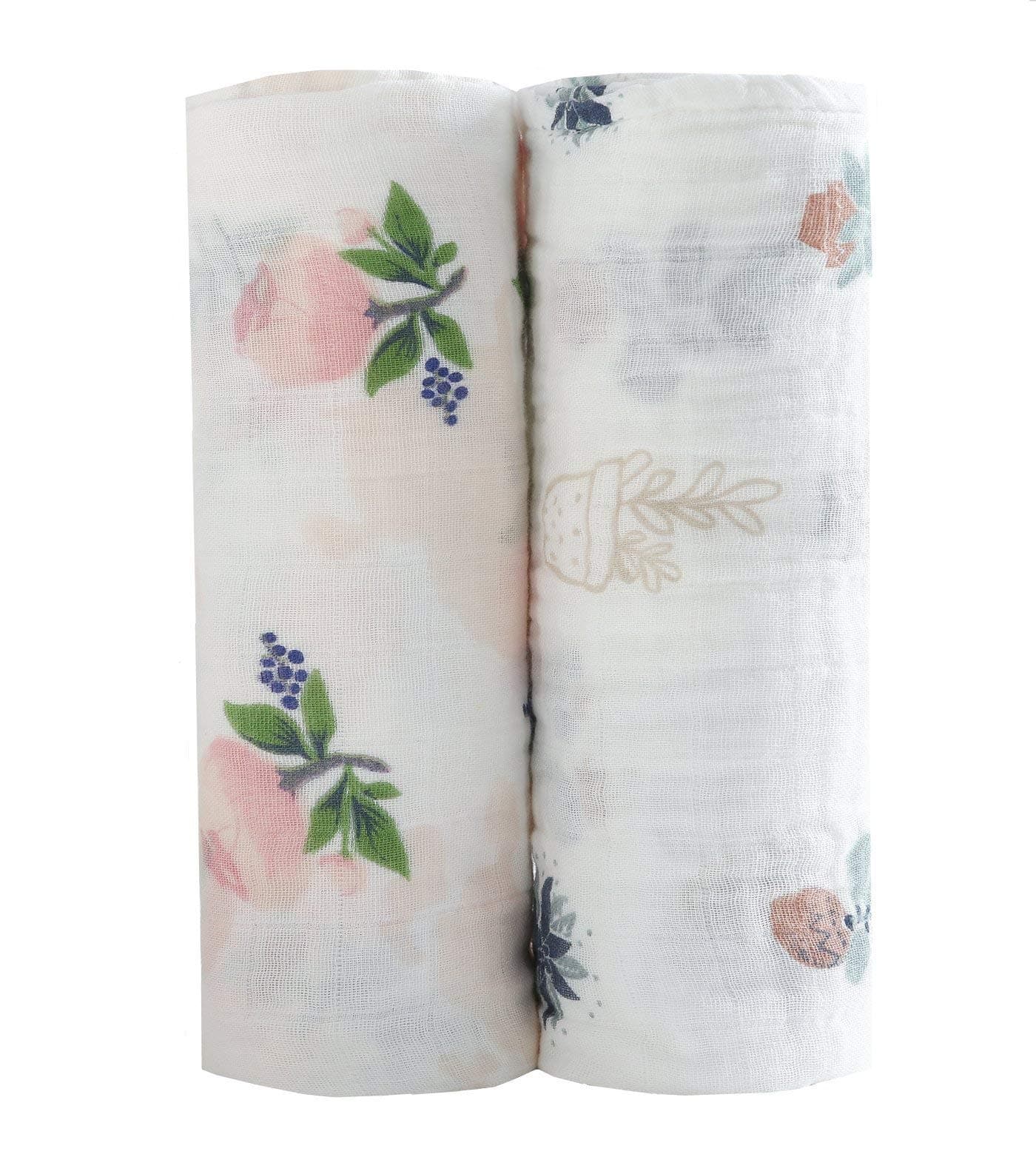 Baby Swaddle Blankets Large Unisex Muslin Swaddling Blanket 47x47 (2 Pack) Floral Swaddle Wrap Nursing Cover & Burping Cloth (Color 1)