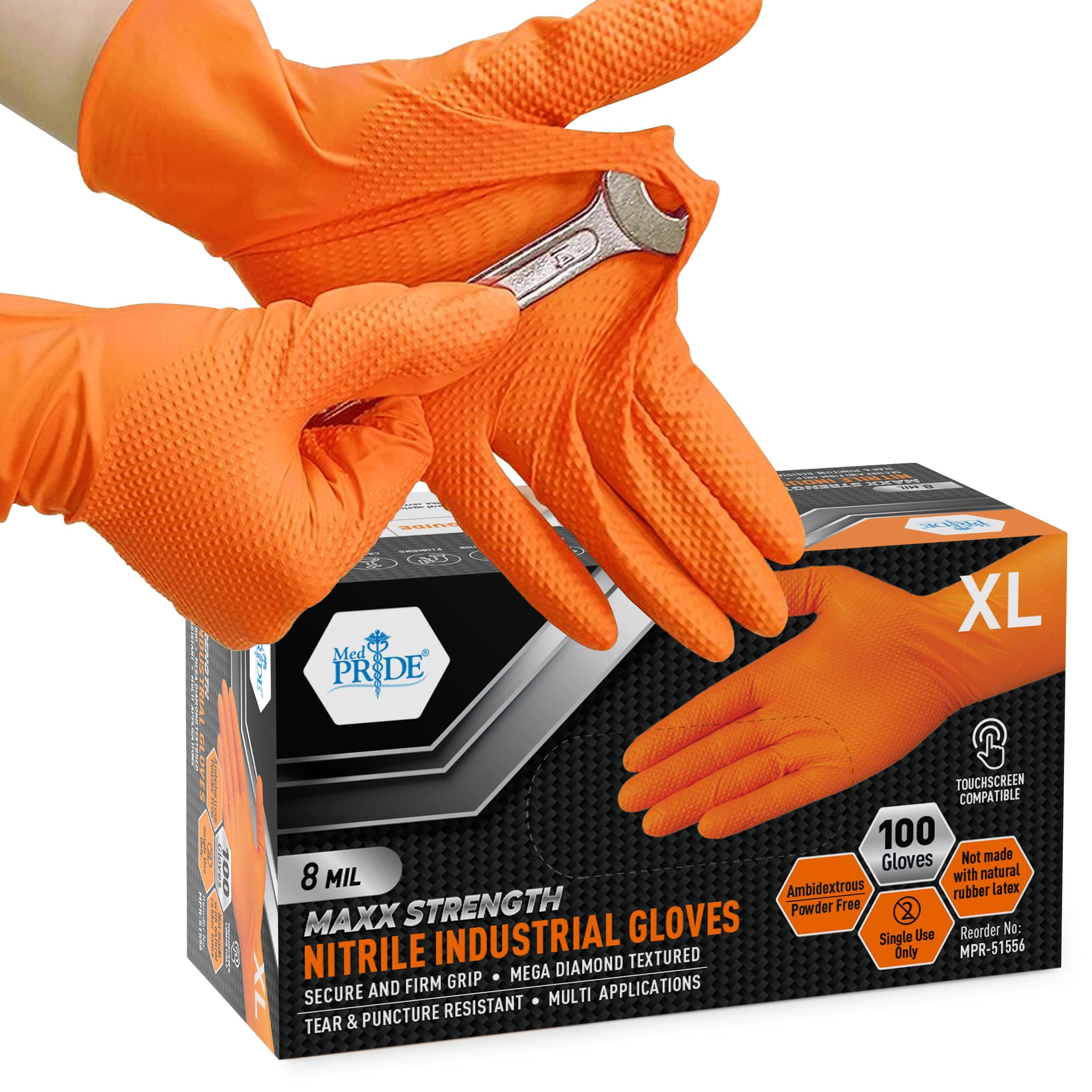 MED PRIDE Maxx Strength Nitrile Industrial Orange Gloves, 8 Mil Thick - Diamond Texture Disposable Heavy-Duty, Tear-Resistant