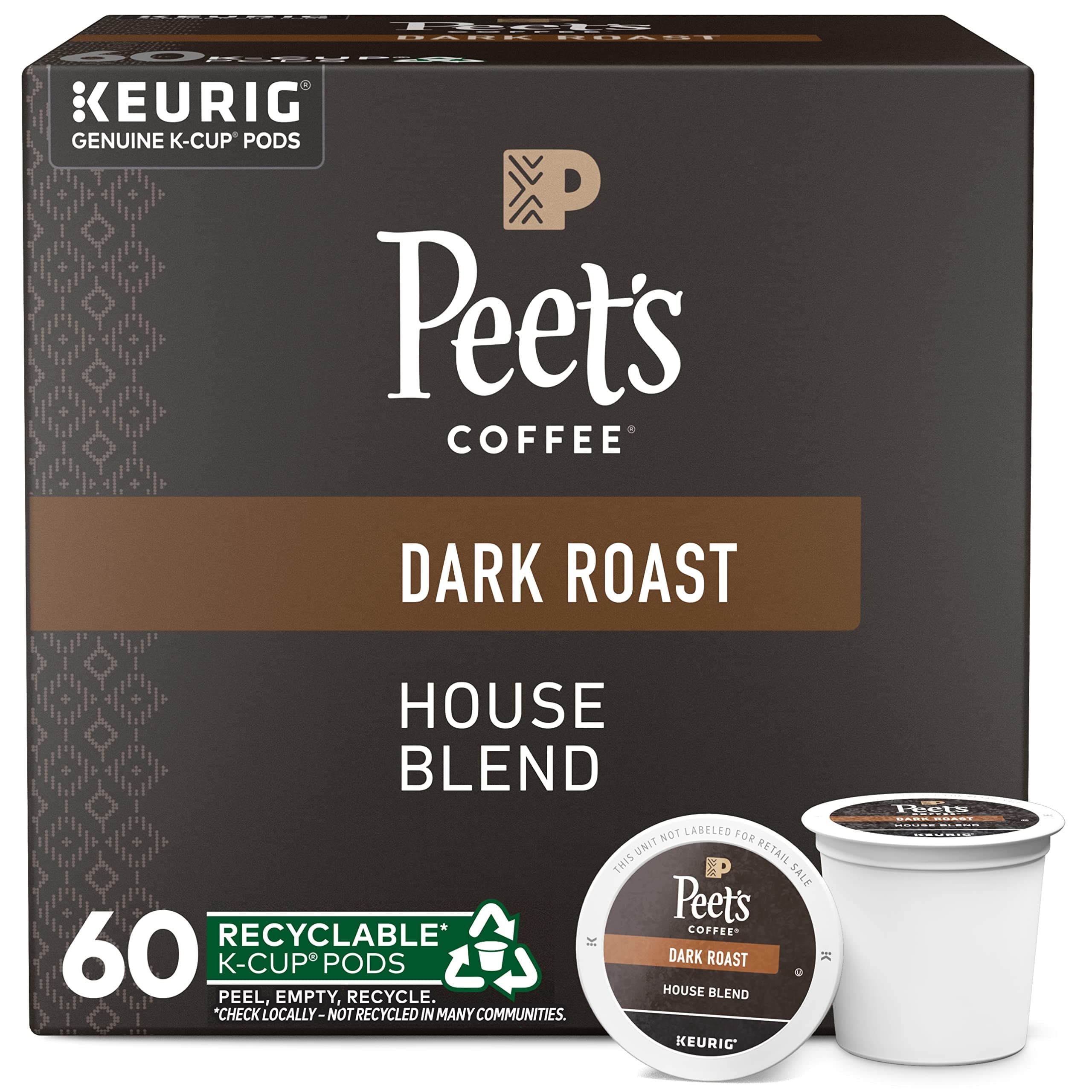 Peet's Coffee, Dark Roast Keurig K-Cup Pods, 100% Arabica Coffee - House Blend 60 Count (6 Boxes of 10 K-Cup Pods)