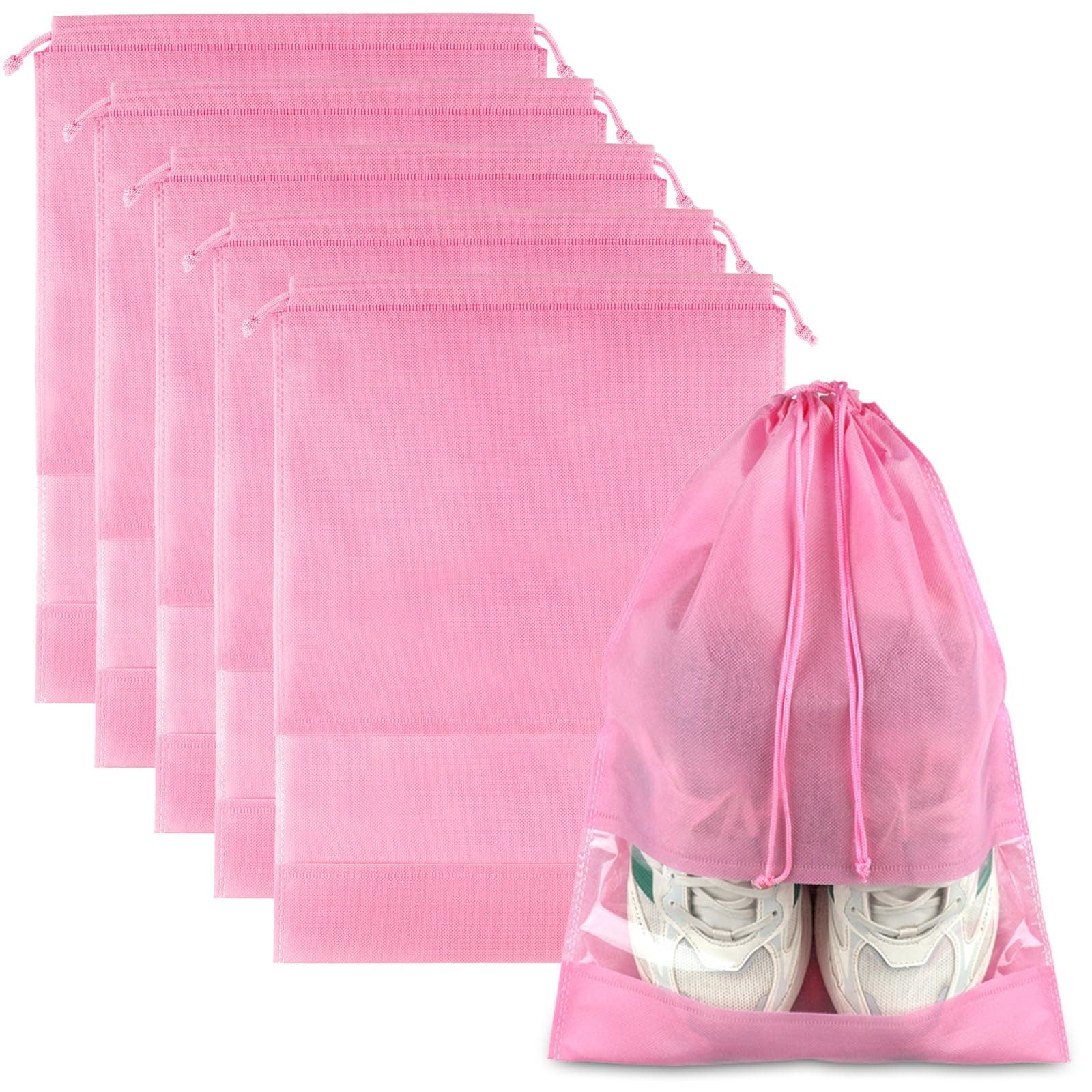 Pink Travel Shoe Bags - 5 Pcs Non-Woven Drawstring Packing Bags with Clear Window (15.7" x 11.8")