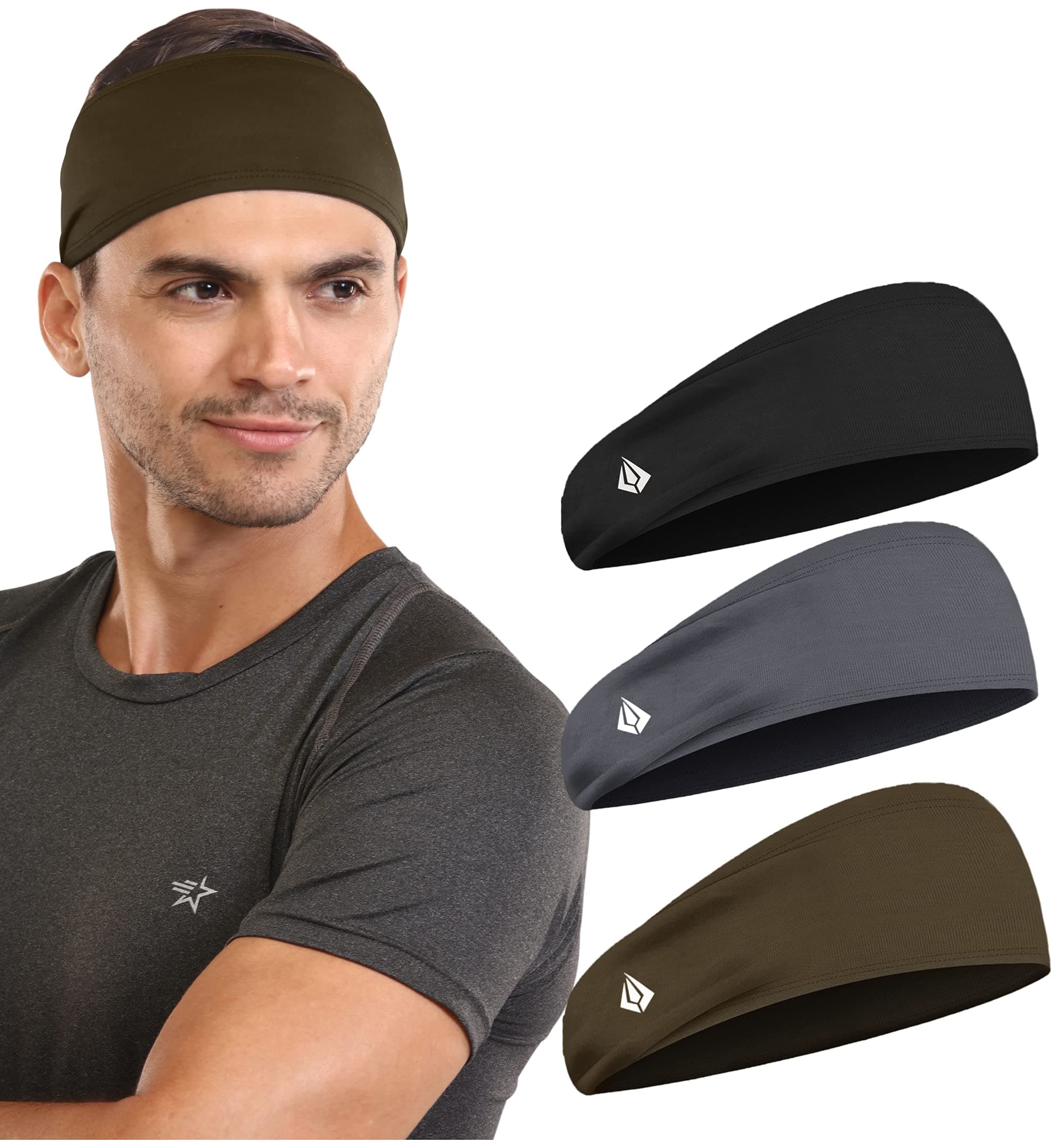 Mens Headbands - Sweat Head Bands for Workout, Cycling, Baseball, Football, Gym, Exercise, Running, Basketball, Yoga, Tennis - Moisture Wicking Sports Athletic Stretch Performance Sweatband & Hairband