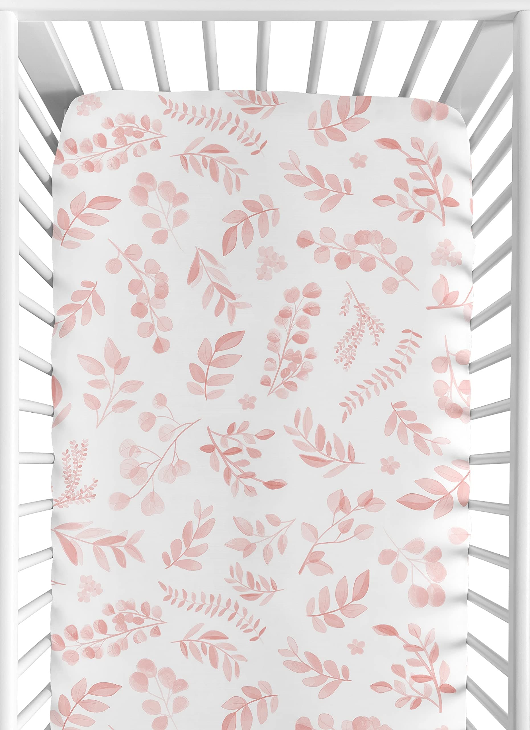 Fitted Baby Crib Sheets (Boho Pink Floral Leaf) for Girls, Infant Nursery, Toddler Bed Room - Standard Size Mattress (Bohemian, Watercolor Botanical, Flower, Tropical Garden, Blush)