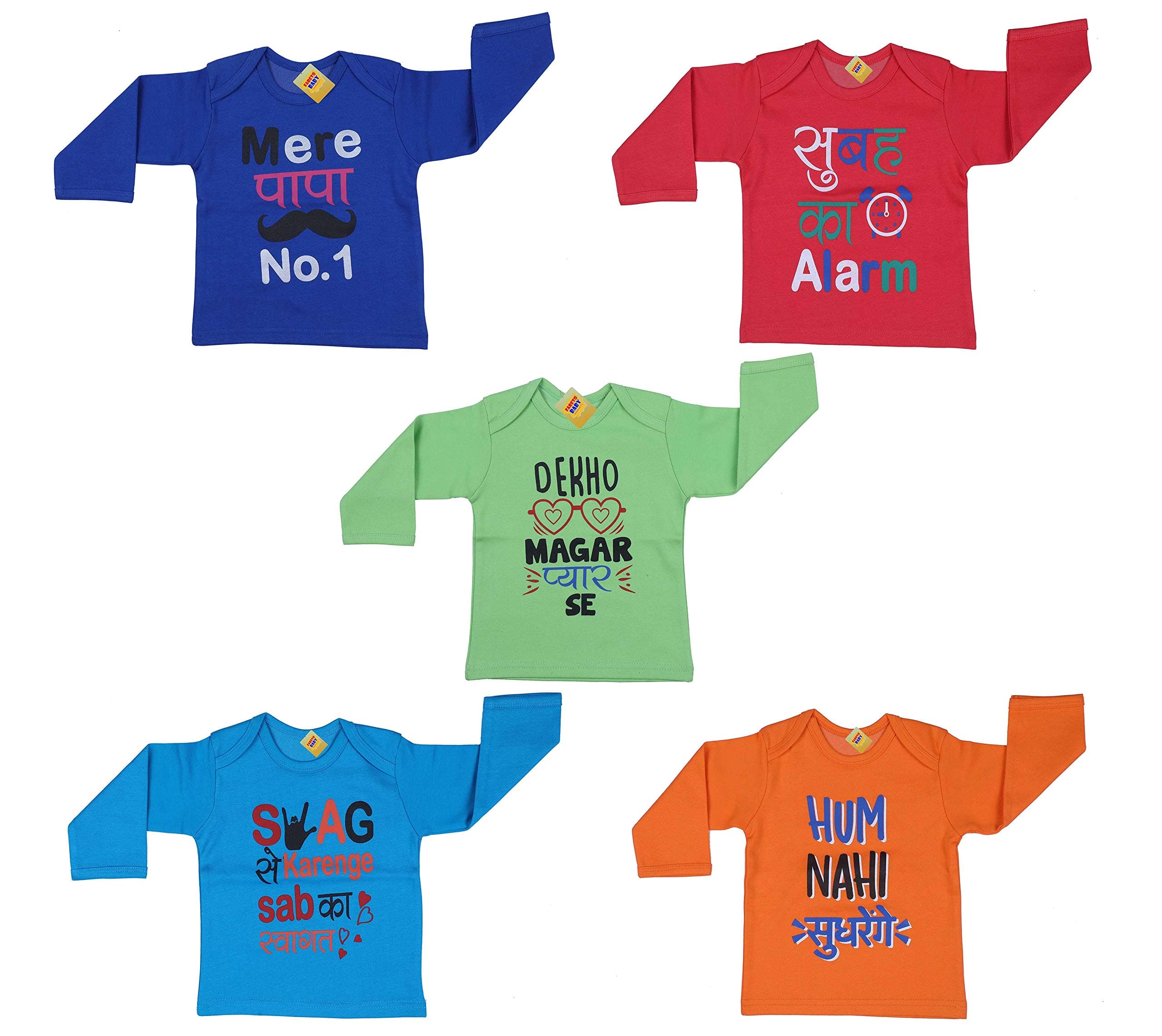 First Kids Step Fareto® Baby Boy's & Baby Girl's Mom & Dad Theme Hindi Quotes Combo of 5 Full Sleeves Printed T-Shirts/Tees/Daily Wear Tees/Regular Use Tees