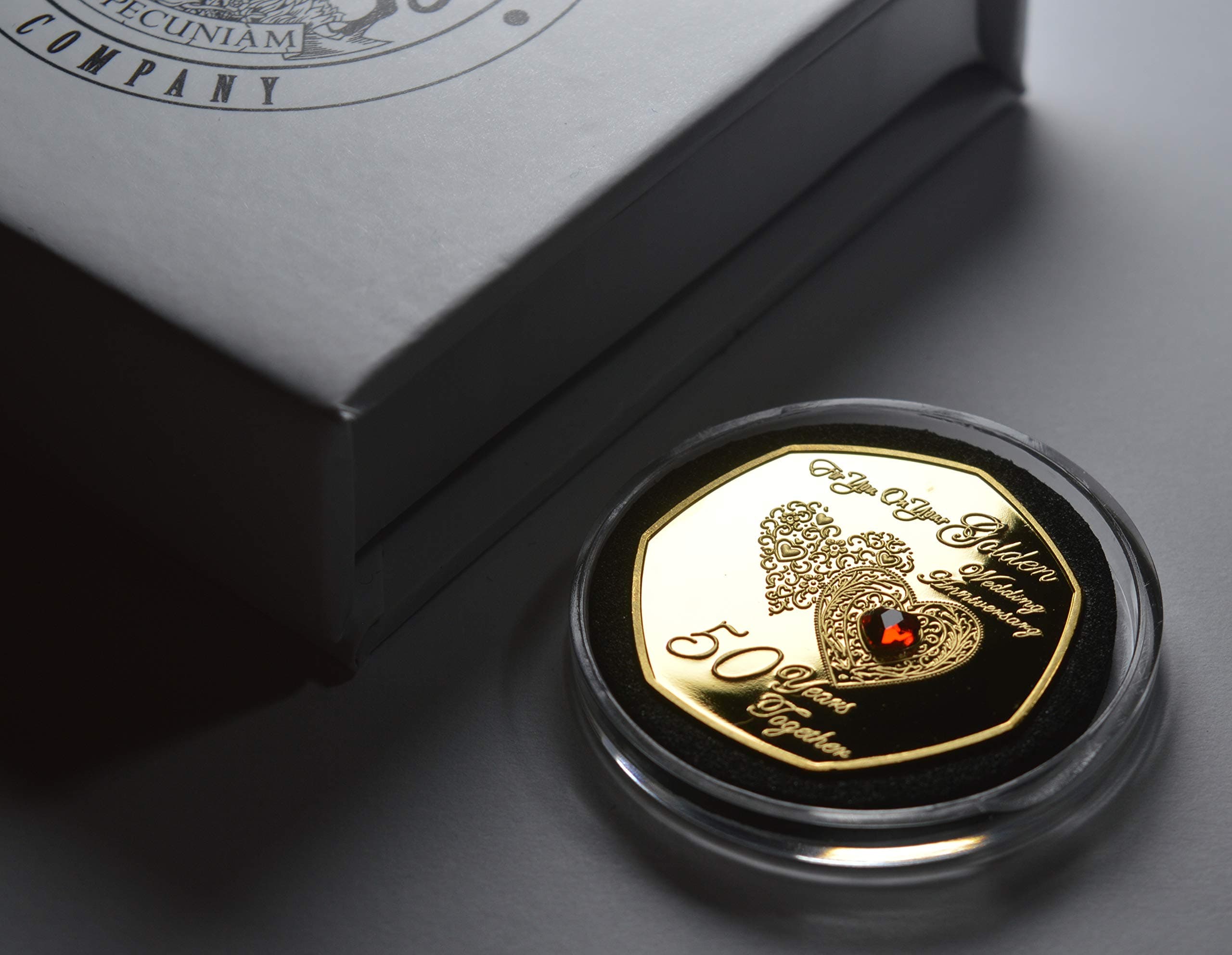 The Commemorative Coin Company 50th GOLDEN WEDDING ANNIVERSARY 24ct Gold Commemorative with Gemstone. Gift/Present 50 Fifty Years Together. Capsule & Gift Box