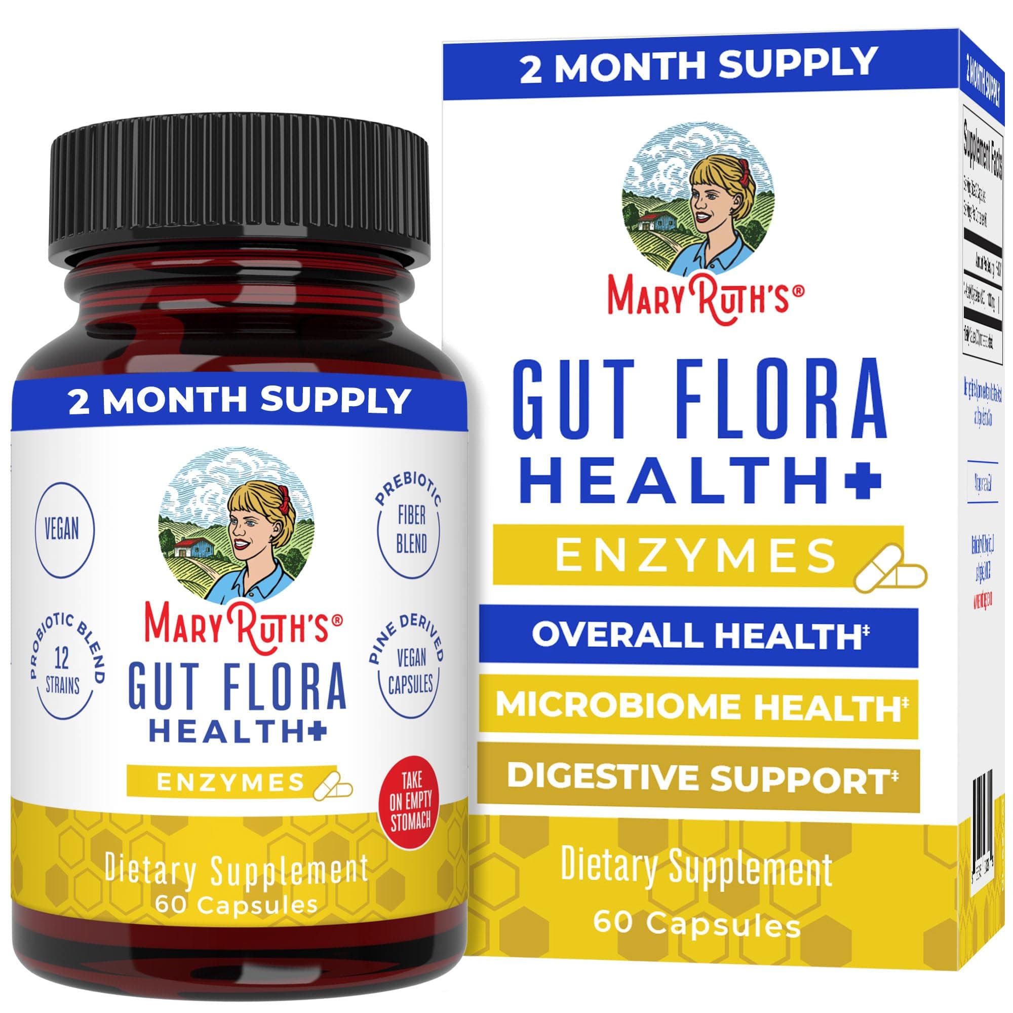 MaryRuth Organics Gut Flora Health+ Enzymes by | Vegan Prebiotic Probiotic Digestive Enzyme Blend for Healthy Gut Biome & Digestive Support | Immune Function & Gastrointestinal Health | 2 Month Supply