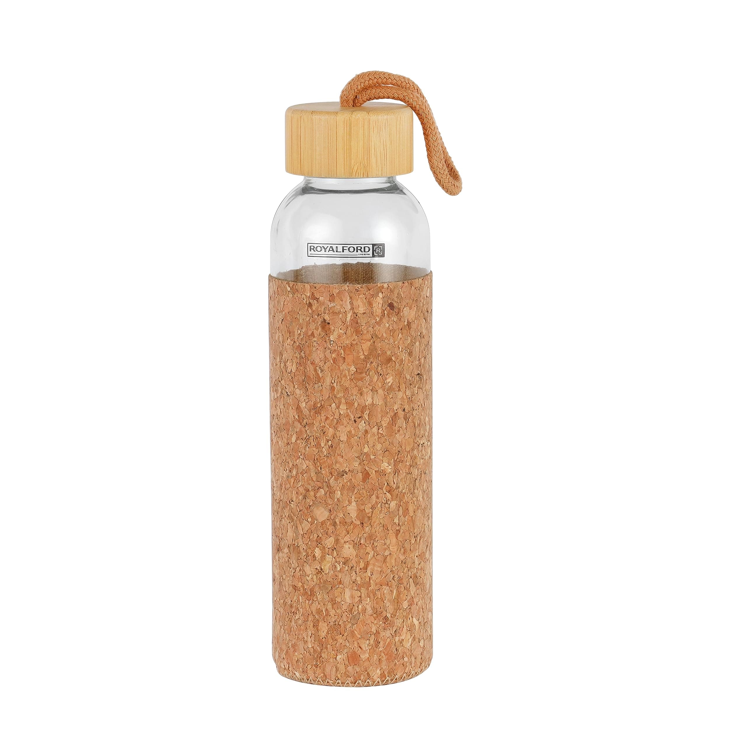 Royalford Royalford 500 ML Water Bottle- RF11925| Transparent Glass Bottle with Bamboo Lid and Removable Cork Sleeves| Water Bottle for Home, Office and Gym| Leak-Proof and Eco-Friendly|