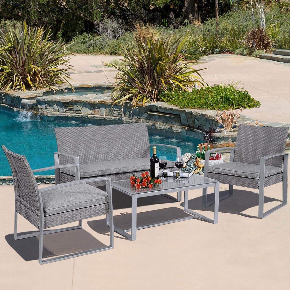 4 PC Outdoor Patio Furniture Set Cushioned Wicker Rattan Garden Lawn Sofa Seat