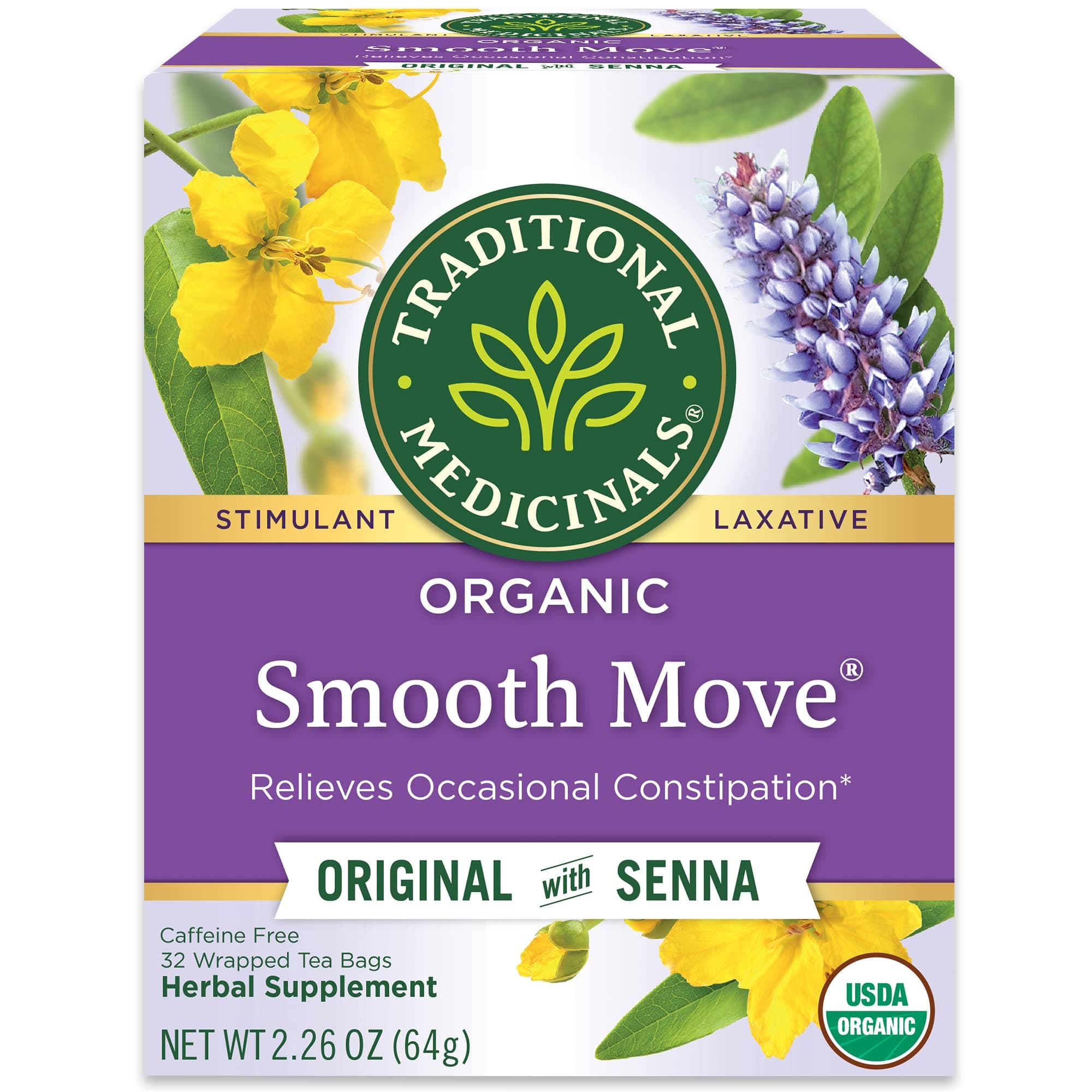 Organic, Smooth Move Tea, Original with Senna - Helps Relieve Constipation Overnight - Kosher, Non-GMO, Caffeine-Free - 32 Tea Bags