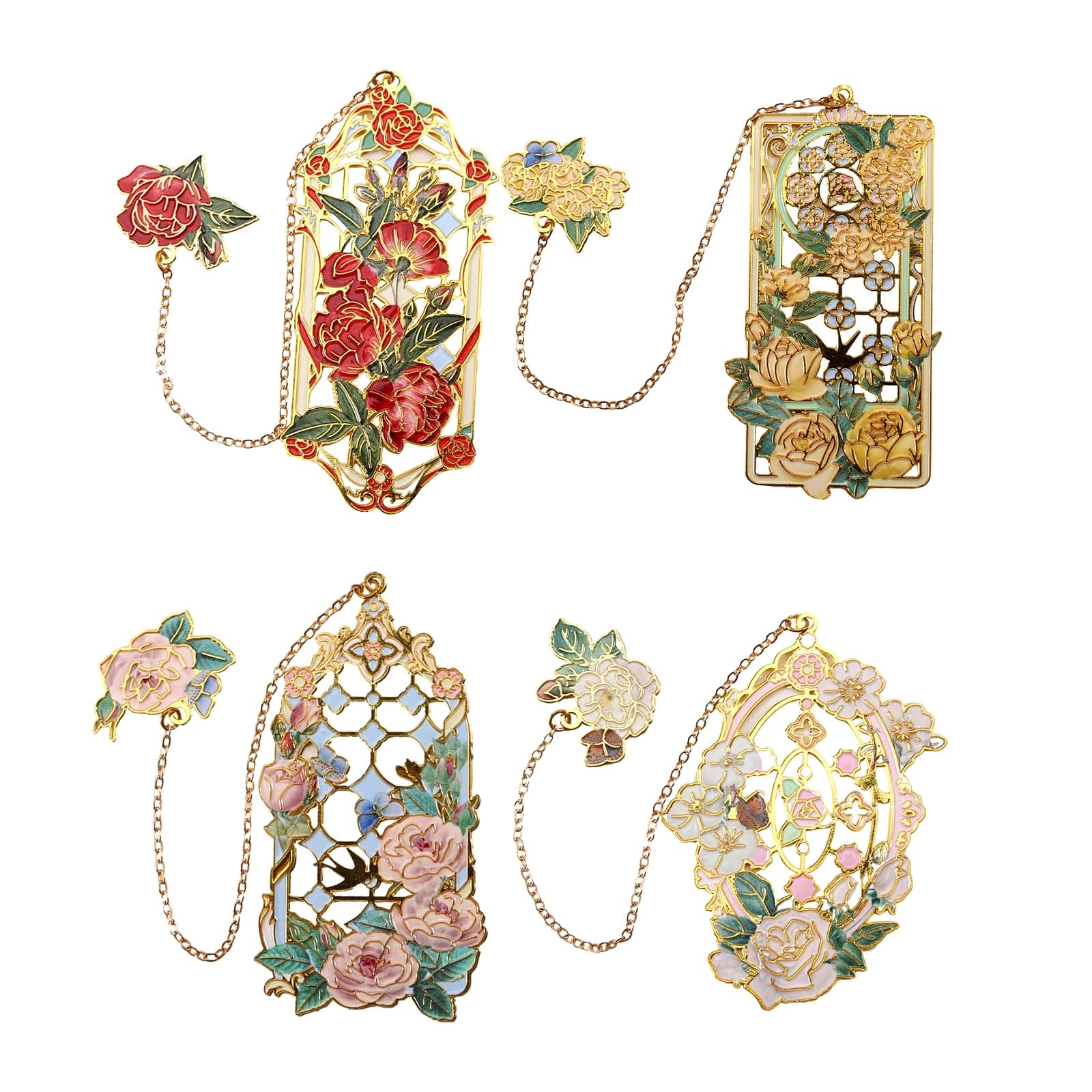 Metal Bookmarks 4 PCS, Rose-Themed Bookmarks for Women (Red, Yellow, Pink, White) (BKM-043-003-F4)