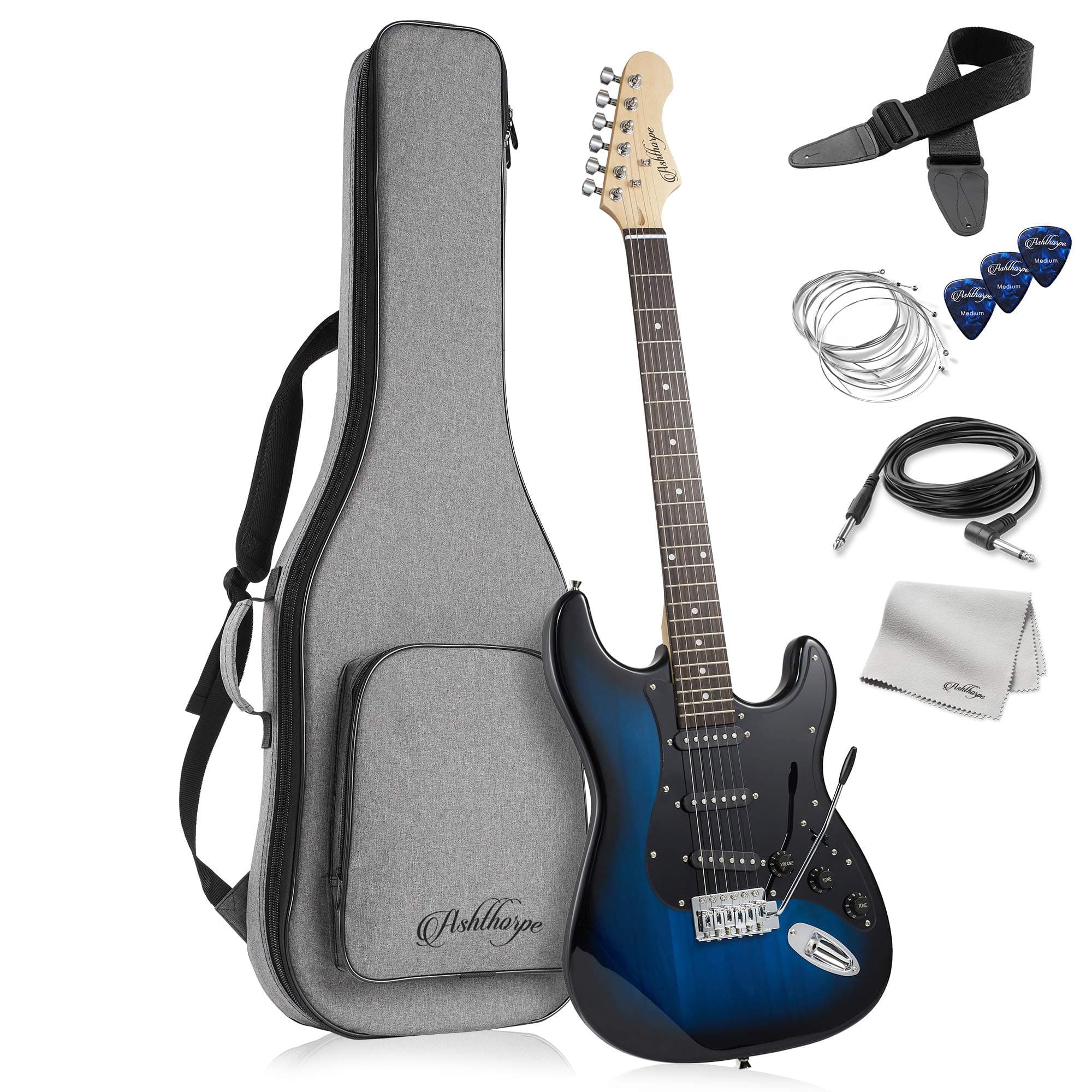 Ashthorpe 39" Electric Guitar (Blue Black) Full Size Guitar Kit Padded Gig Bag, Tremolo Bar, Strap, Strings, Cable, Cloth, Pick