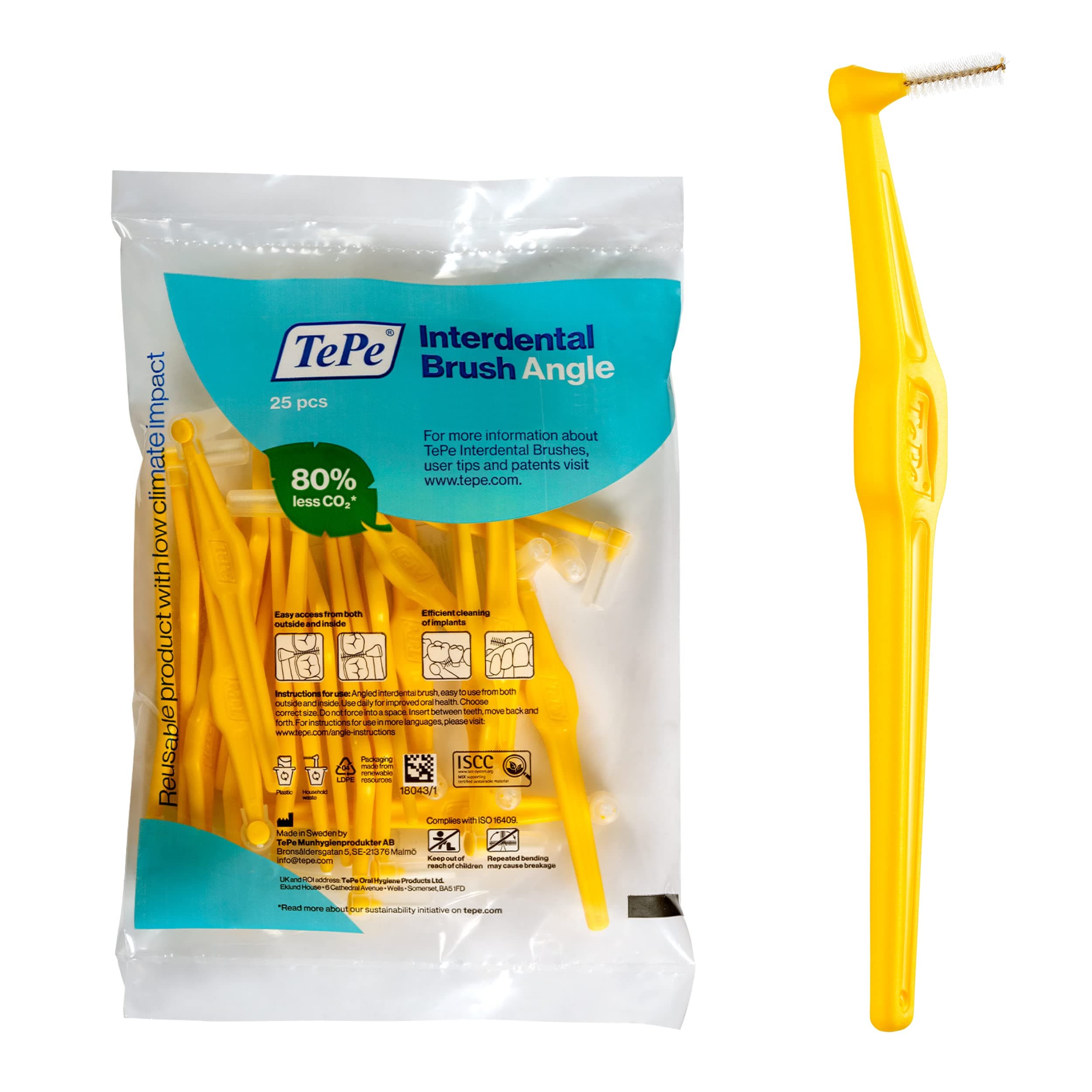 TePe Interdental Brush Angle, Angled Dental Brush for Teeth Cleaning, Pack of 25, 0.7 mm, Medium Gaps, Yellow, Size 4