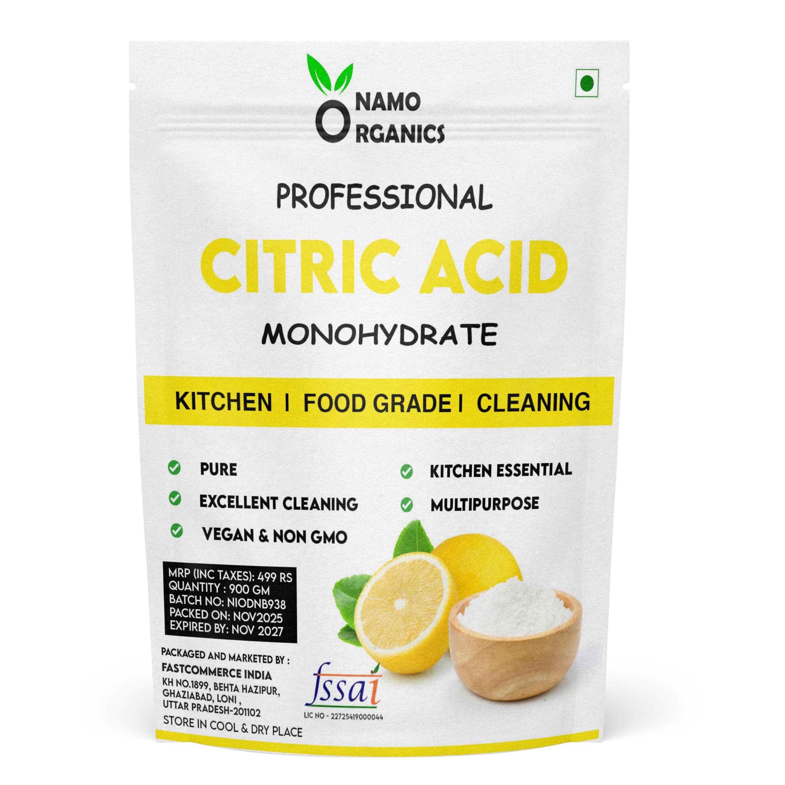 Namo Organics - Citric Acid Powder (Nimbu Sat) - 900 Gm - For Cleaning | Food Grade | Tatri | Multiple Uses for Home and Kitchen