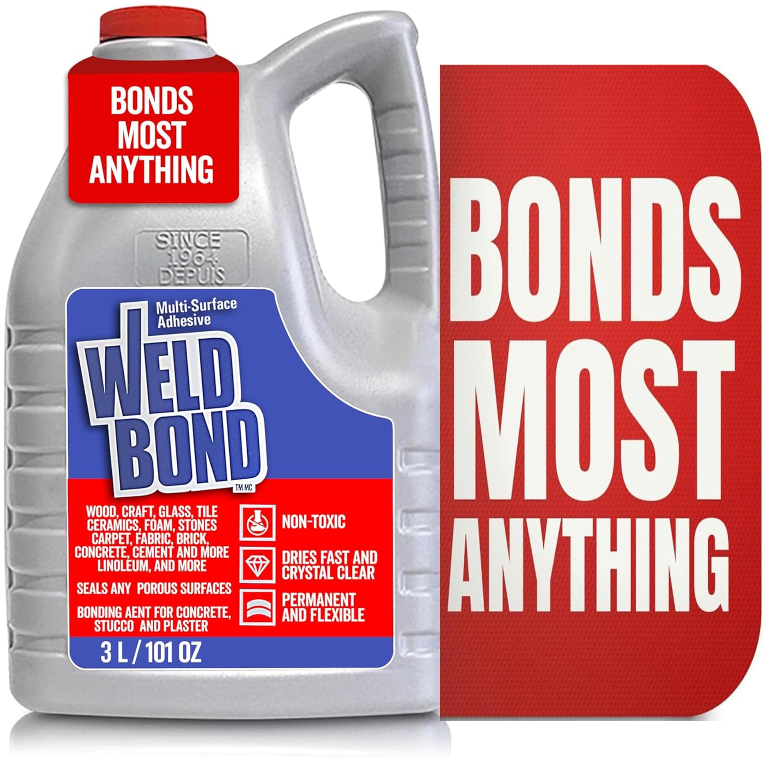 Glue - Bonds Most Anything! 3L /101 oz Non-Toxic Adhesive Glue For Wood Tile Glass Craft Foam Fabric Stone Cement & Concrete & Any Other Porous Surfaces. No Fume Non-Flammable PVA Glue Gallon