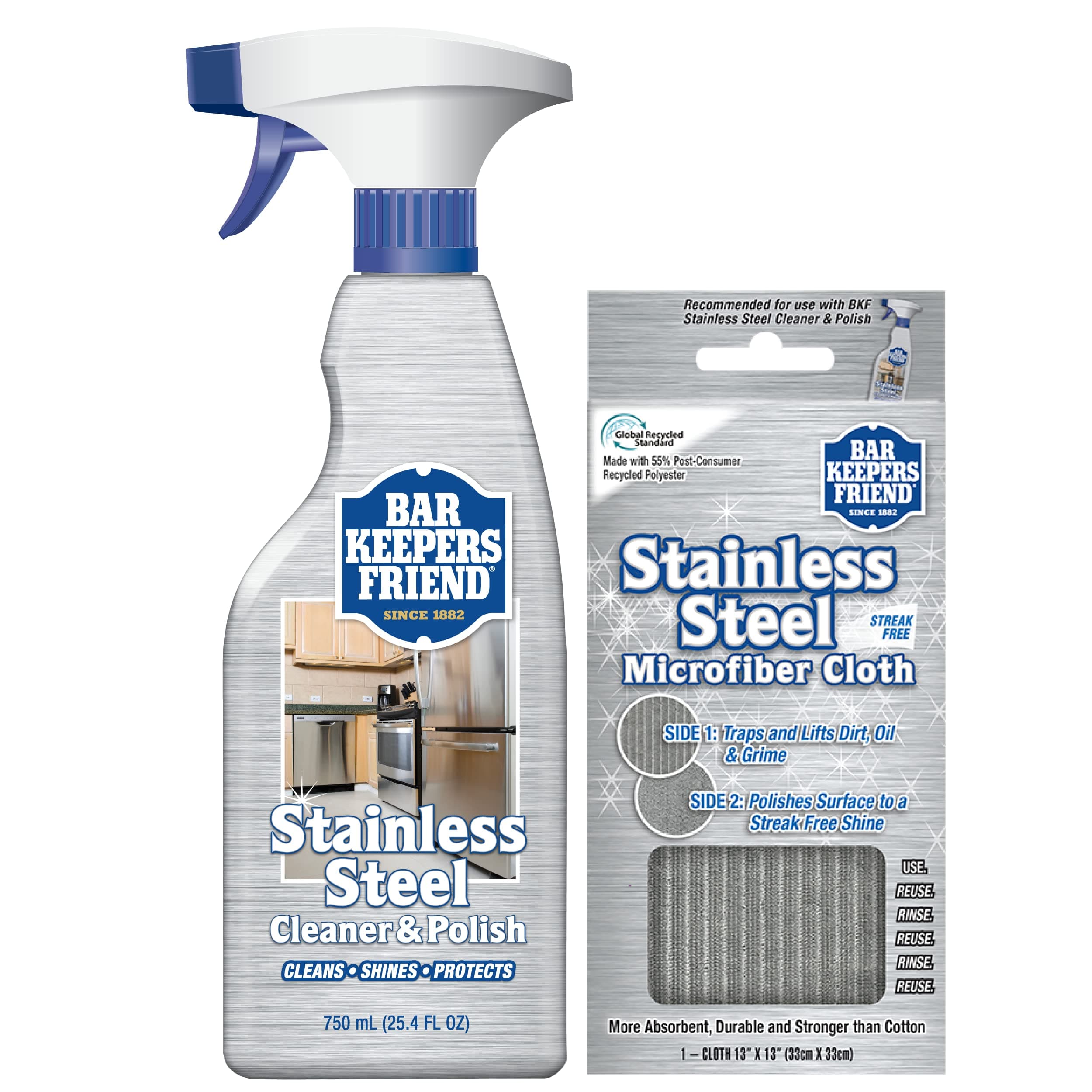 Stainless Steel Cleaner and Polish Cleaning Kit - Includes Bar Keeper's Friend Stainless Steel Cleaner and Polish Spray(25.4 oz) - 1 BKF Microfiber Cloth