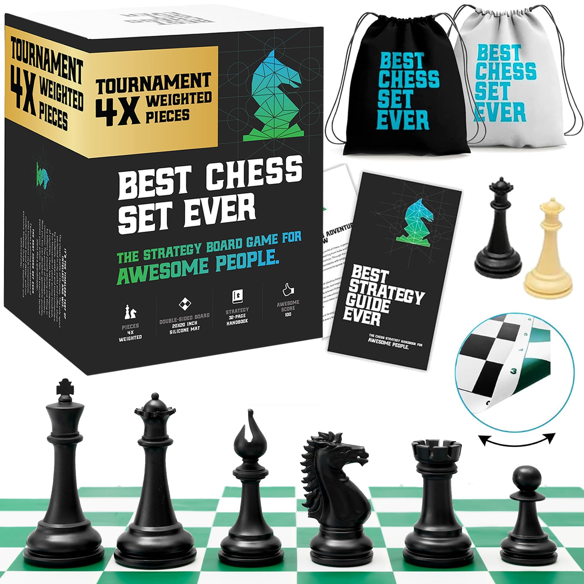 Best Chess Set Ever 4X Tournament Chess Set with XL Staunton Quadruple Weighted Pieces (11.4 cm King) for Adults & Kids – Foldable Roll-up Double-Sided 50x50 cm Silicone Board Mat, Ideal for gifting