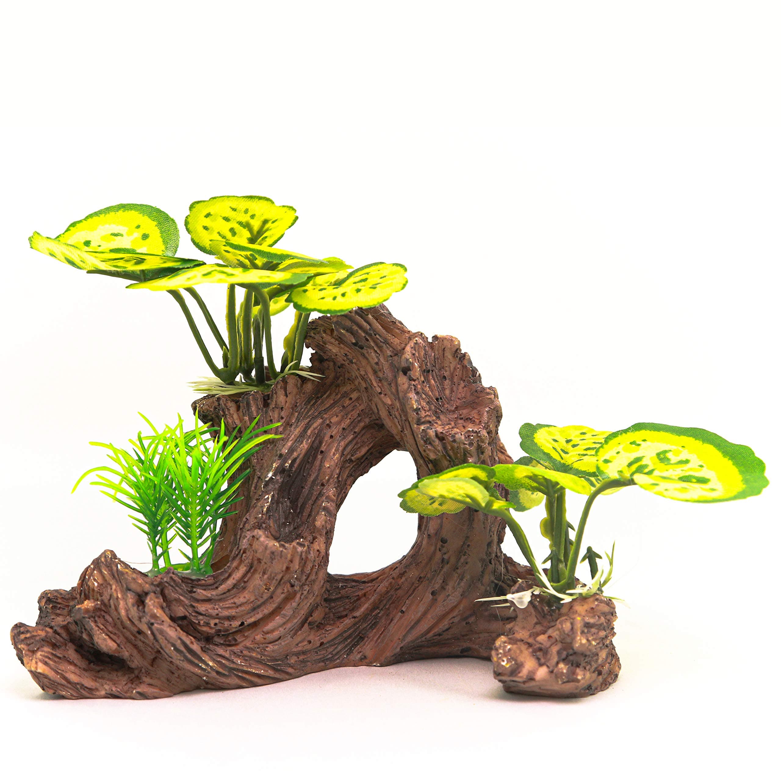 AQUA KT Aquarium Landscape Driftwood Tree Stump Branch Fish Hiding Rock with Plant Leaves for Betta Cichlid Goldfish Fish Tank Decoration