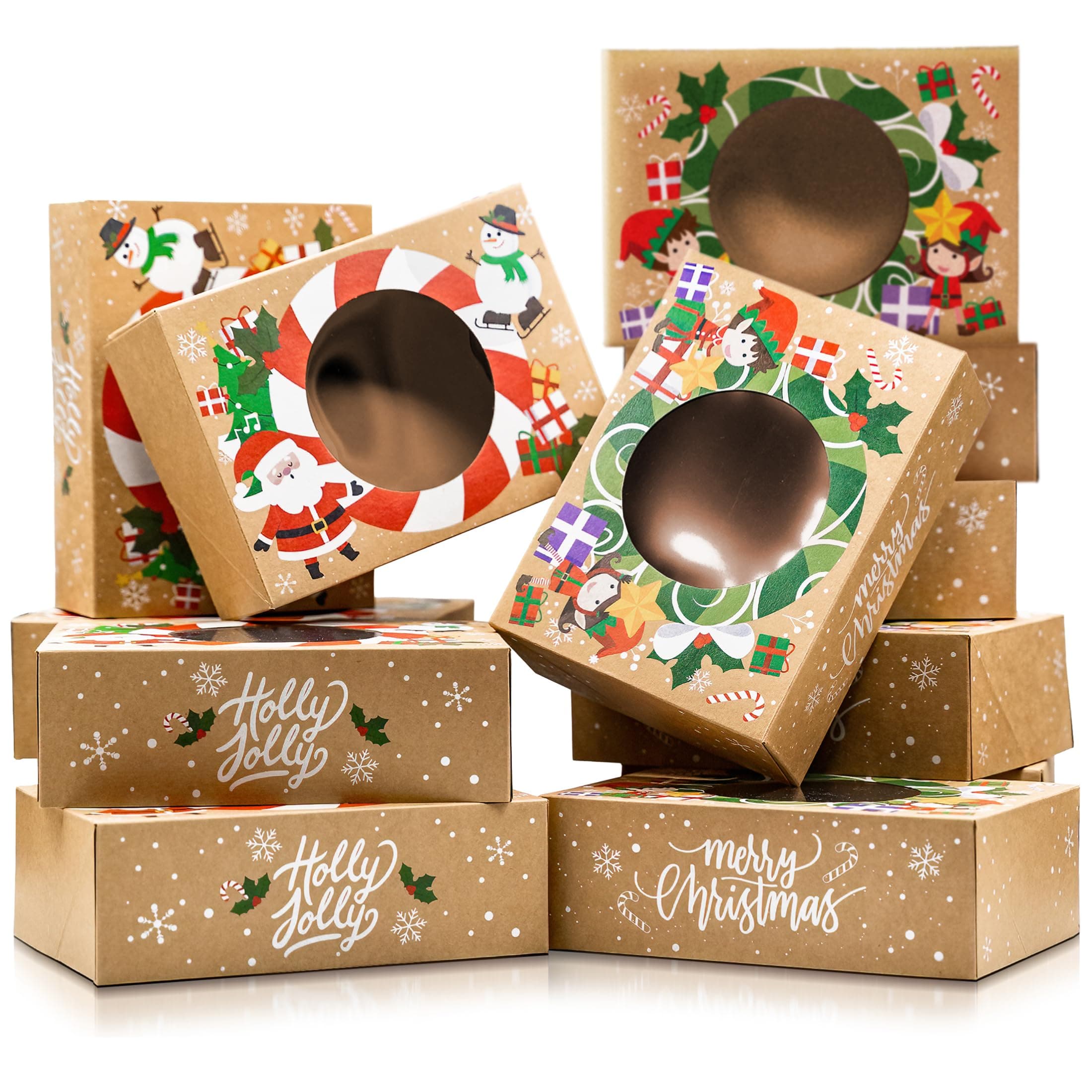 Christmas Cookie Boxes for Gift Giving - 12 Kraft Christmas Cookie Tins With Lids - Sturdy Christmas Treat Boxes, Christmas Tins - Festive Christmas Cookie Box Packaging - Cookie Boxes with Window