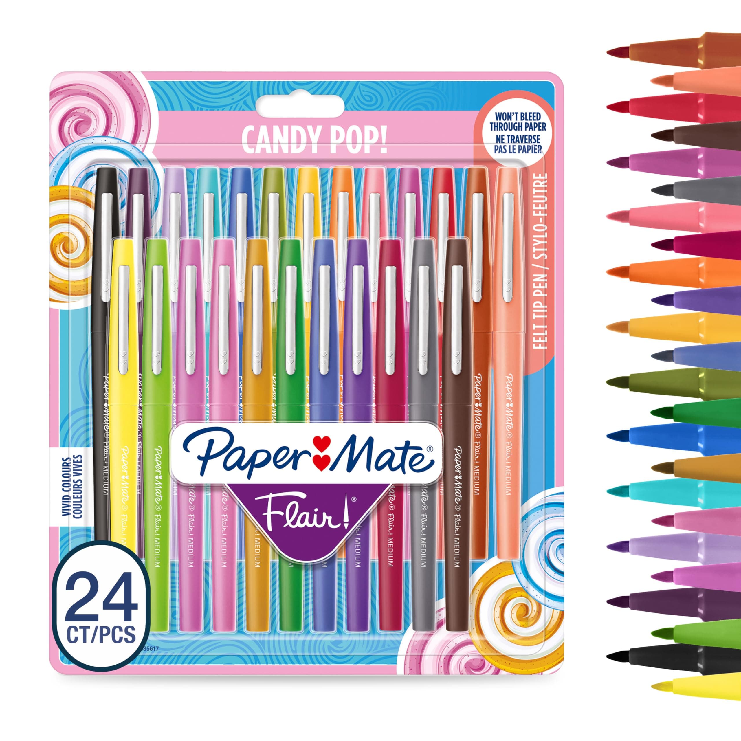 Flair Felt Tip Pens | Medium Point (0.7 mm) Marker Pens | Assorted Candy Pop Colouring Pens | For Kids & Adult Colouring, Journalling & More | 24 Count