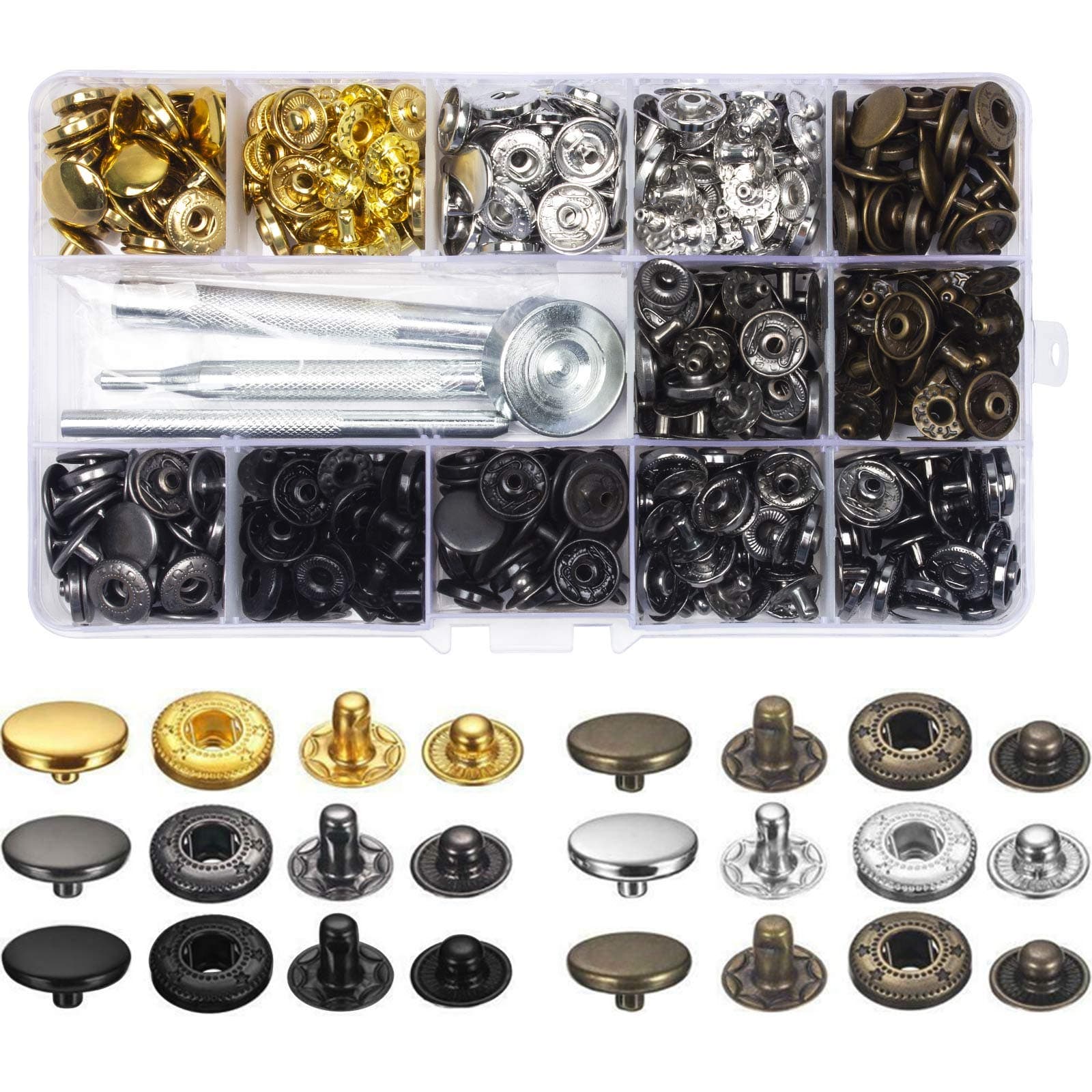 120 Set Metal Leather Snaps, 6 Colors Sew-on Snap Buttons Press Studs Snaps Fasteners Buttons for Clothes Craft Repair