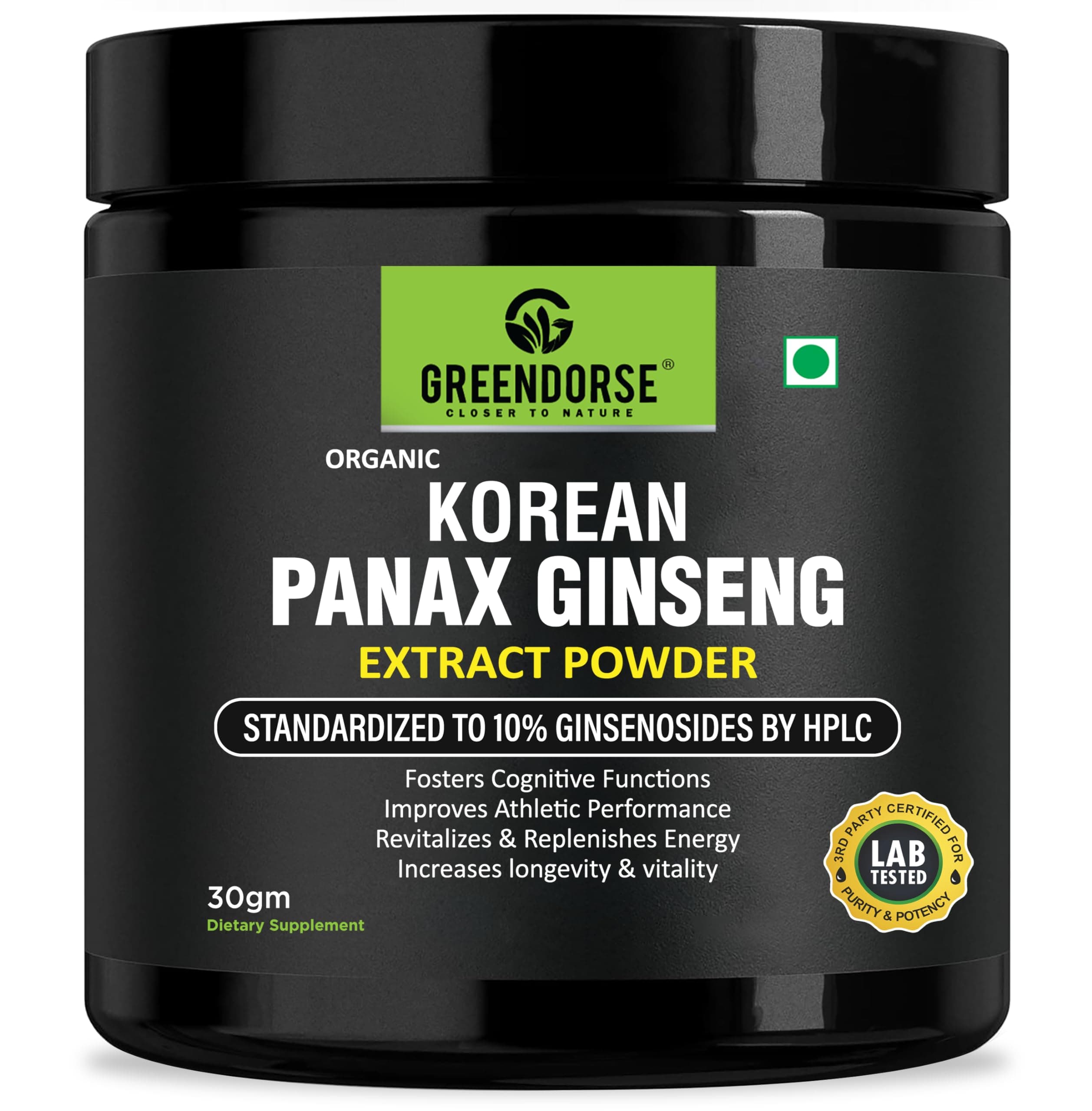 GREENDORSE Organic Korean Panax Ginseng Extract Powder |10% active Ginsenosides by HPLC | Lab tested| Immune & Cognitive support, Boosts Energy, Stamina, Vegan Friendly-30g