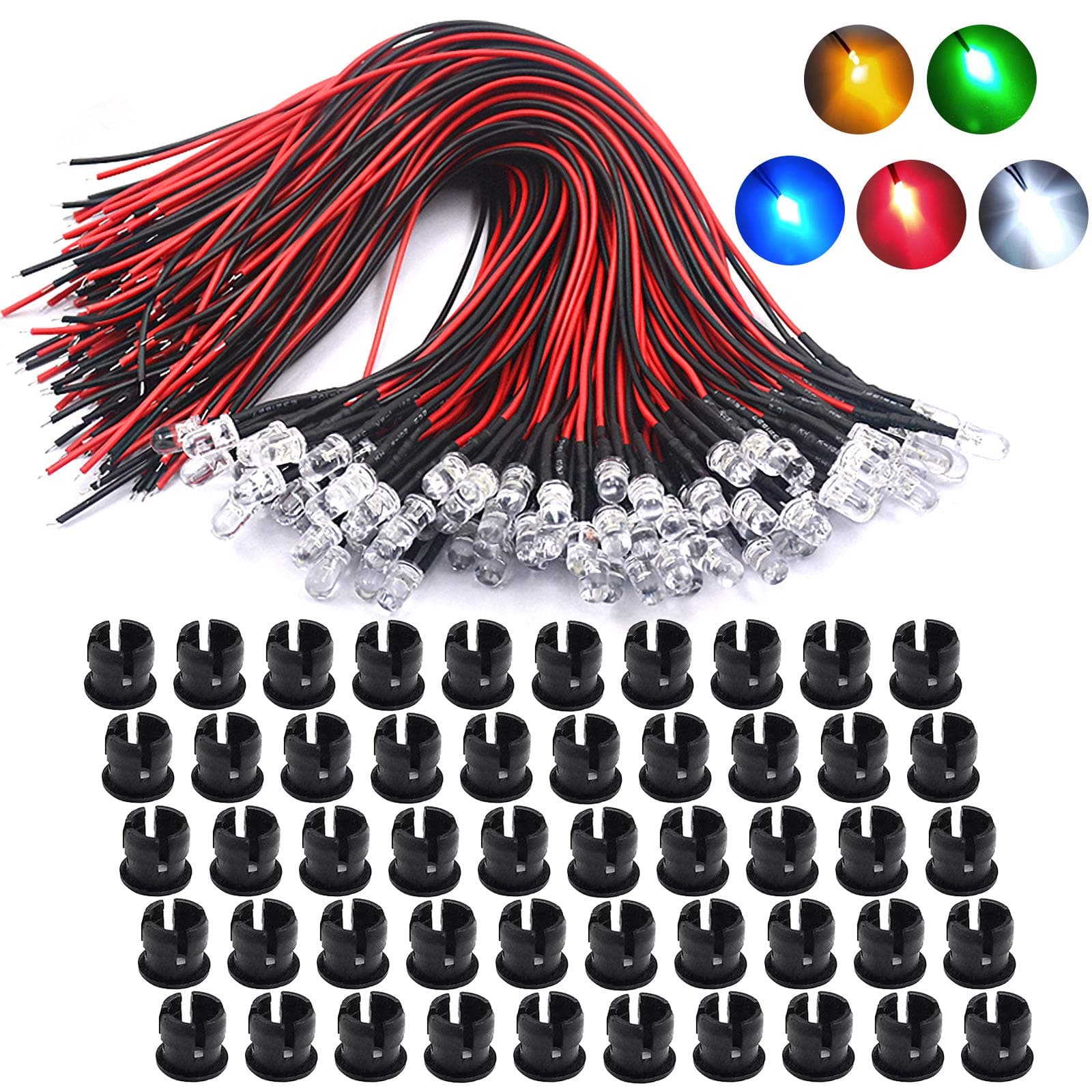 12 Volt 5Mm Pre Wired Led Light Emitting Diodes,Micro Led Lights Diodes for Model Assortment Kit,12V Mini Single Led Bulbs(Red*10,Green*10,Orange*10,Blue*10,White*10)