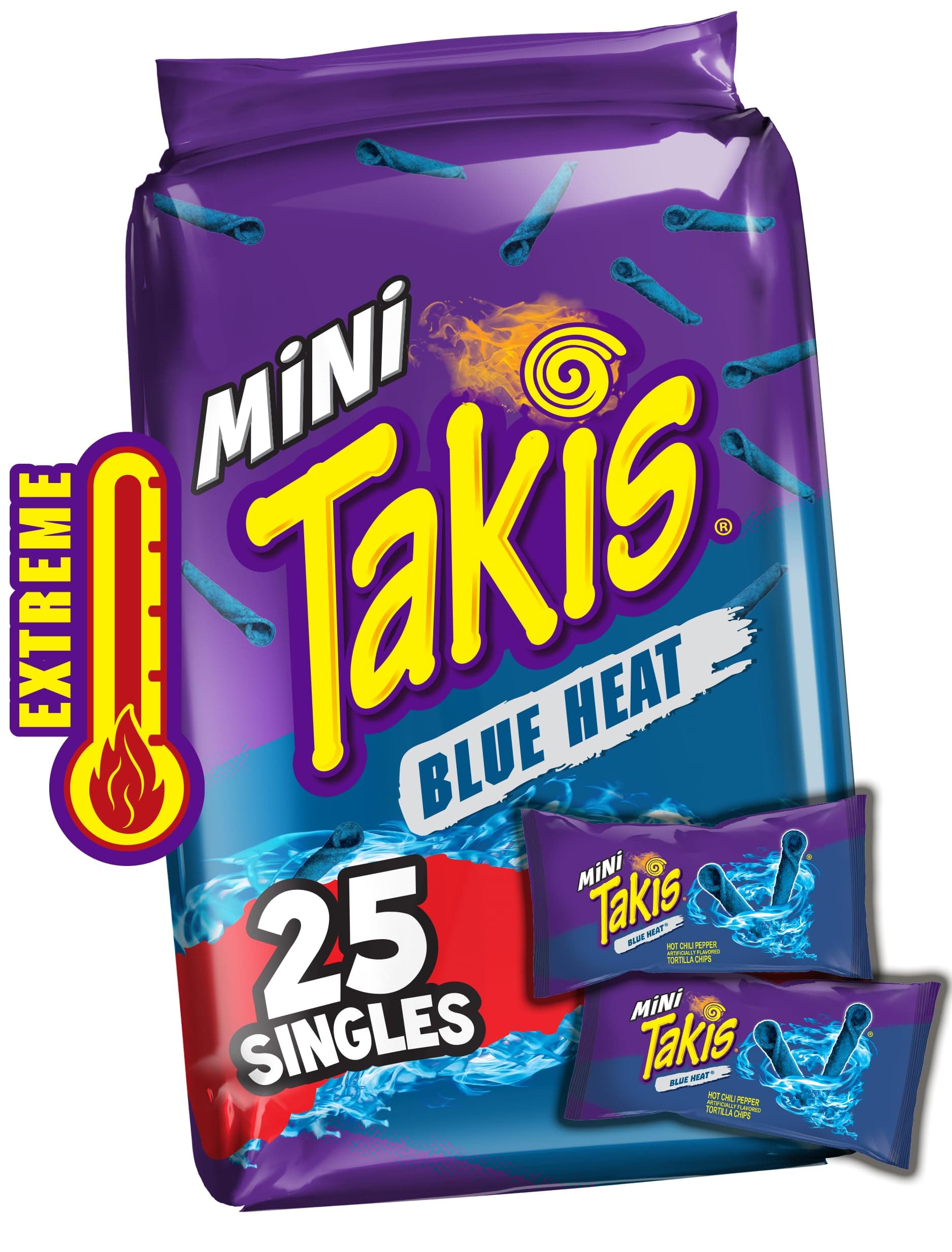 Blue Heat Mini 25-Pack 1.23 oz Bite Size Extreme Spicy Hot Chili Pepper Rolled Corn Tortilla Chips