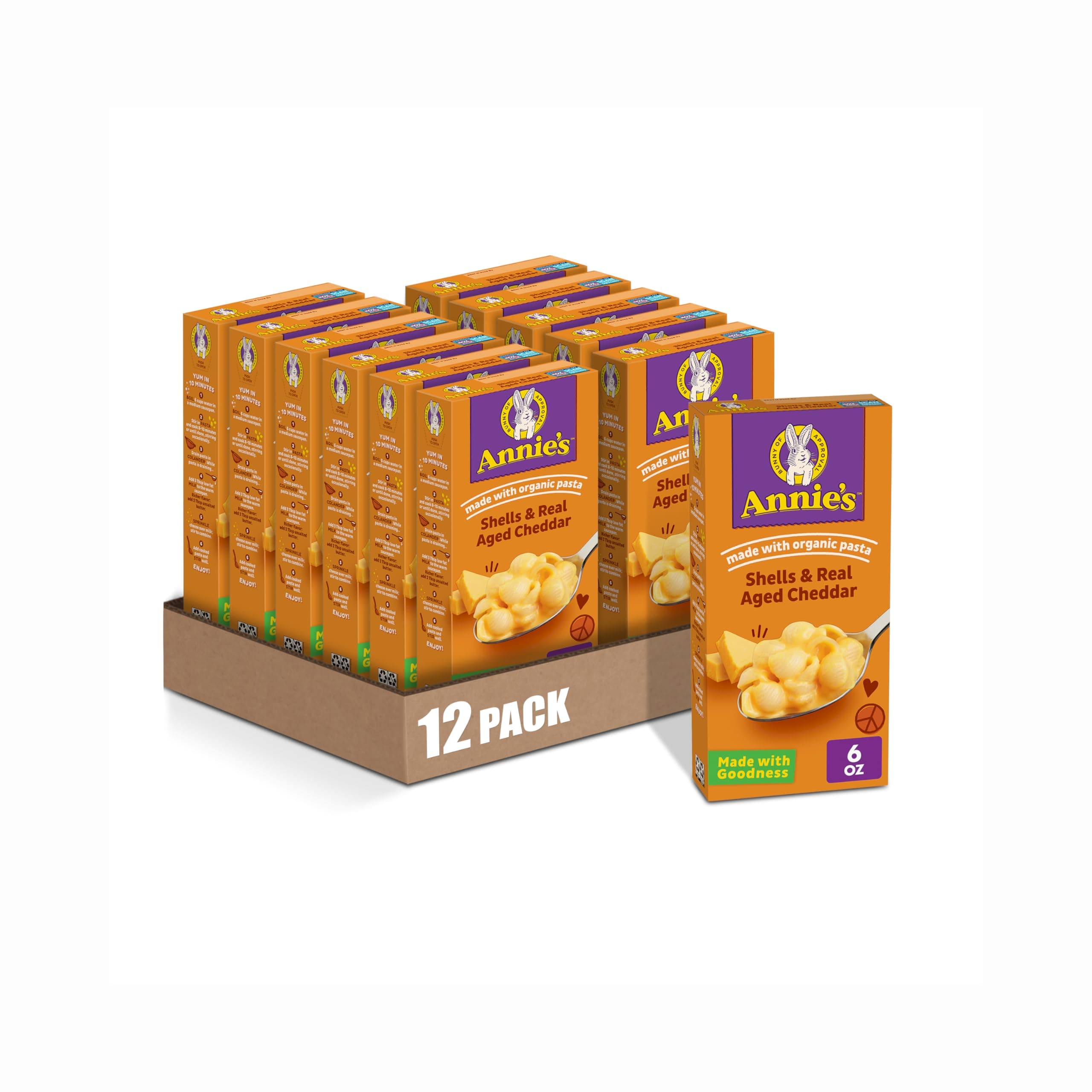 Annie's Shells and Real Aged Cheddar Mac and Cheese with Organic Pasta, Made with Real Cheese, Dinner Side or Snacks, 6 oz (Pack of 12)