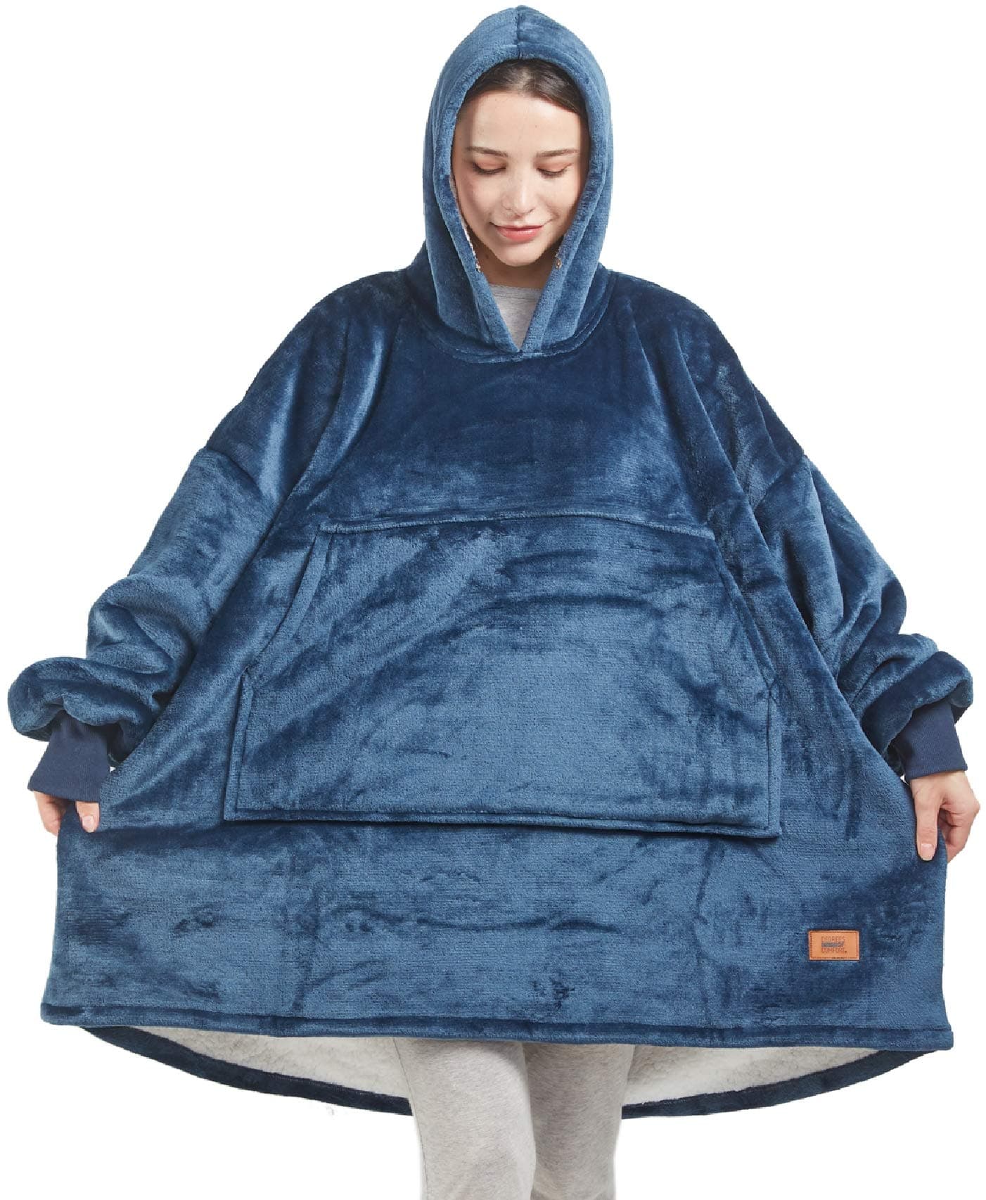 Degrees of ComfortDEGREES OF COMFORT Original Sherpa Wearable Blanket Hoodie, Oversized Hooded Sweatshirt Blankets, One Big Size Fits All, 38x32 Navy Blue