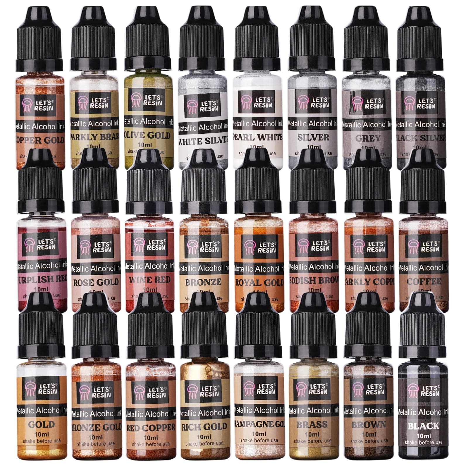 LET'S RESIN Metallic Alcohol Ink Set-24 Colors Metal Color Alcohol Based Resin Ink, High Concentrated & Shimmer Mixatives, Alcohol Paint for Epoxy Resin, Resin Petri, Tumblers, Coasters(Each 0.35oz)