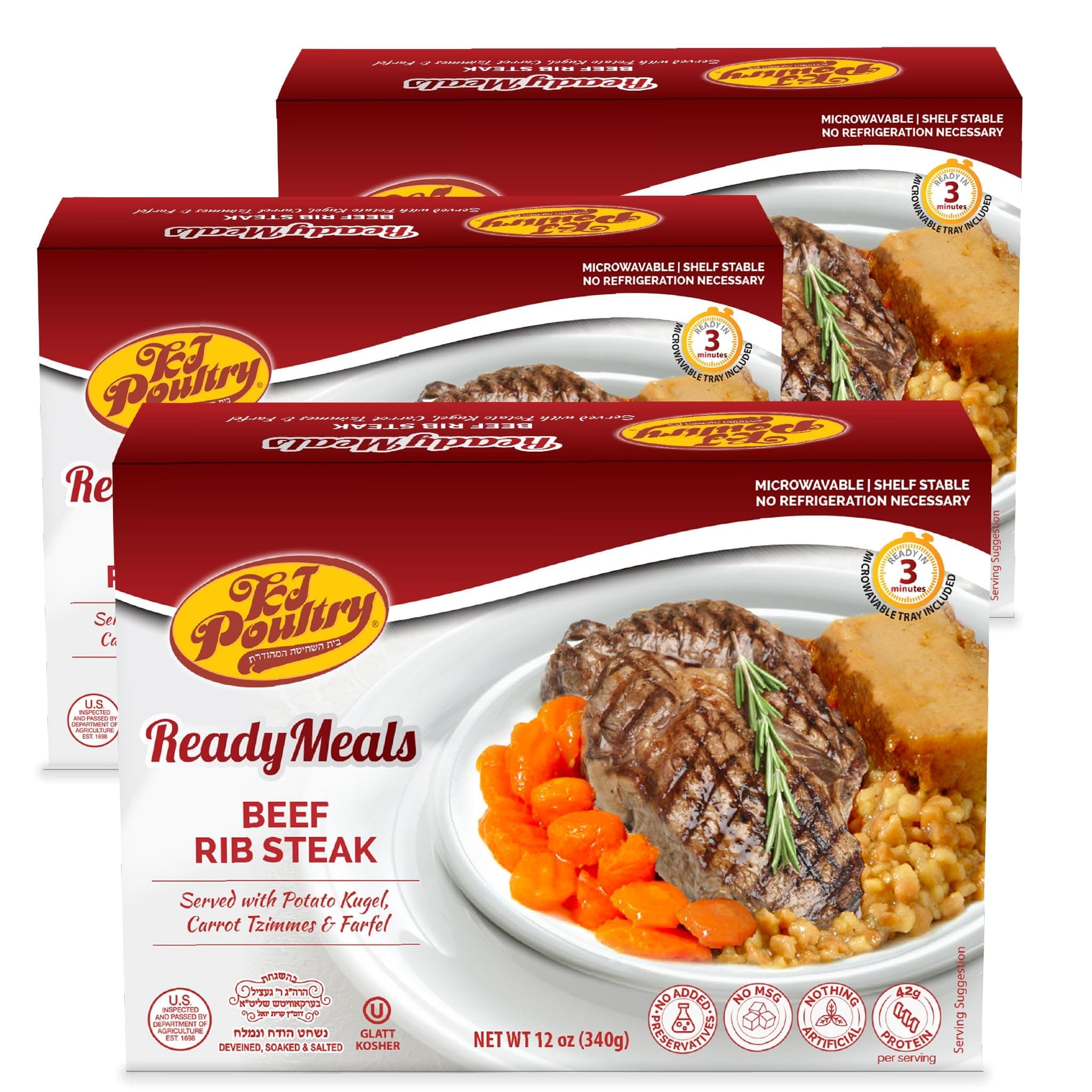 KJ Poultry Kosher Ready Meals - Beef Rib Steak & Kugel, MRE Meat Meals Ready to Eat, Shabbos Food (3 Pack) Prepared Entree Fully Cooked, Shelf Stable Microwave Dinner Travel Military Camping Survival