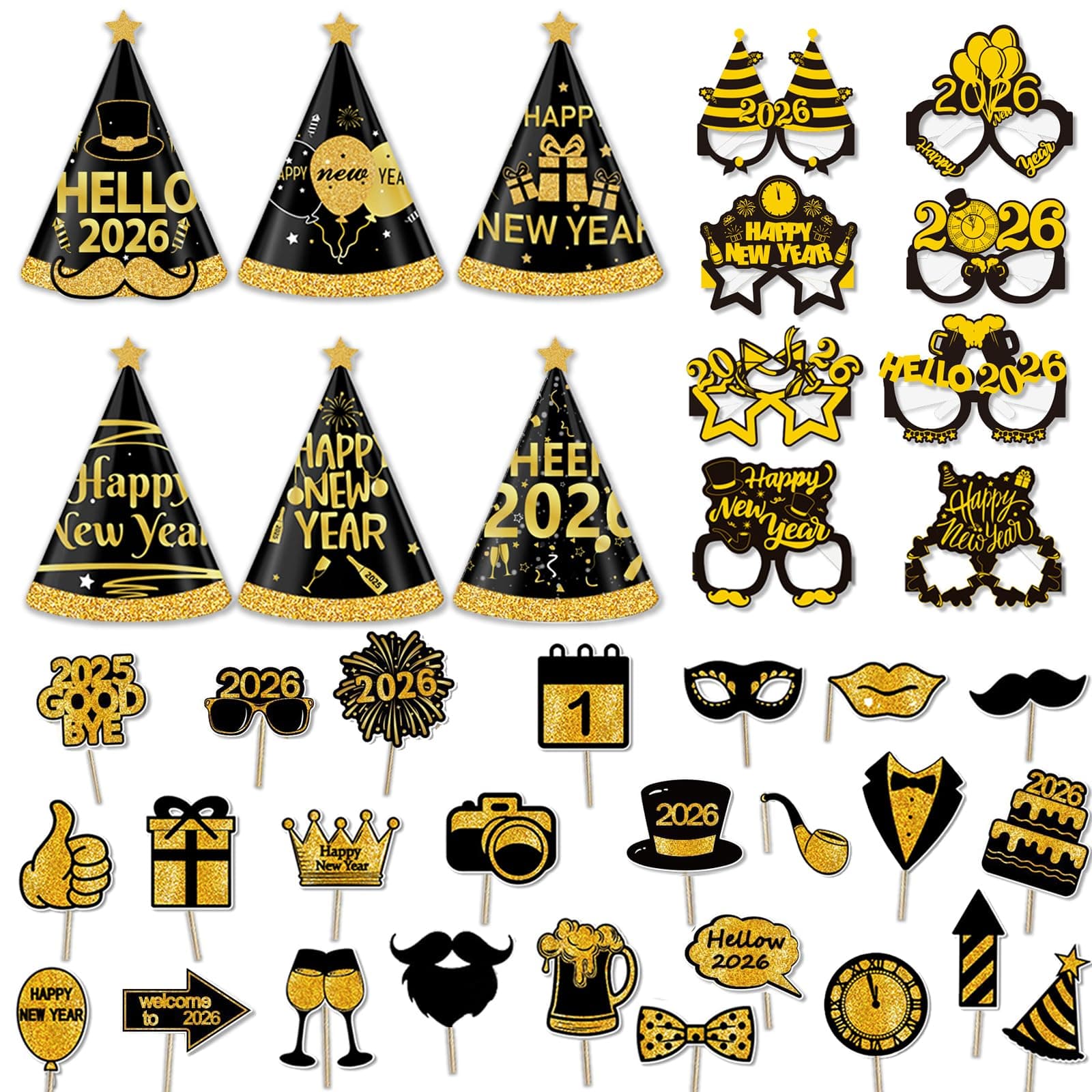 39 Pieces New Years Eve Party Supplies 2026, Happy New Year Headband Tiara, New Year Glasses 2026, New Years Photo Booth Props