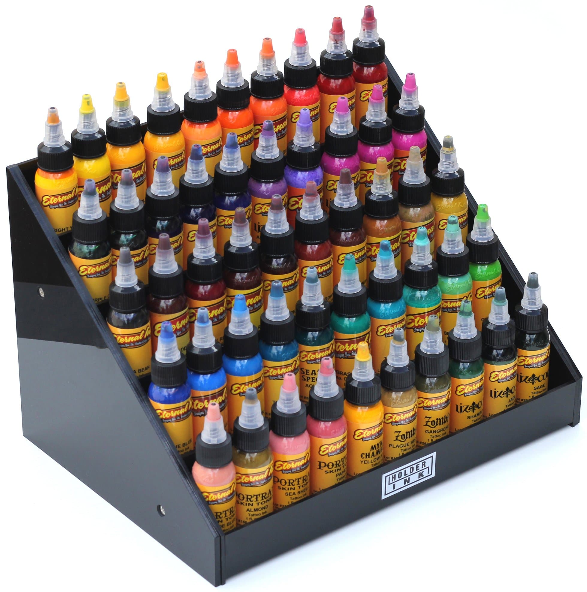 Holder Ink acrylic display stand organizer for tattoo inks, nail polish bottles and other beauty essentials that keeps them organized, secured and ready to use.