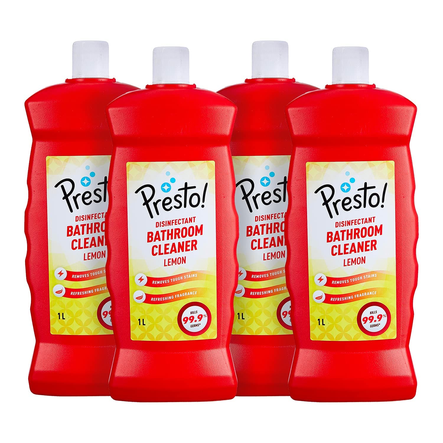 - Amazon Brand - Presto! Bathroom Cleaner | Lemon | 4 Litre | 1 L x 4 Packs | Suitable For Bathroom Floors, Slabs, Wall Tiles, Sinks, Basins, Stainless Steel Taps, Shower Heads