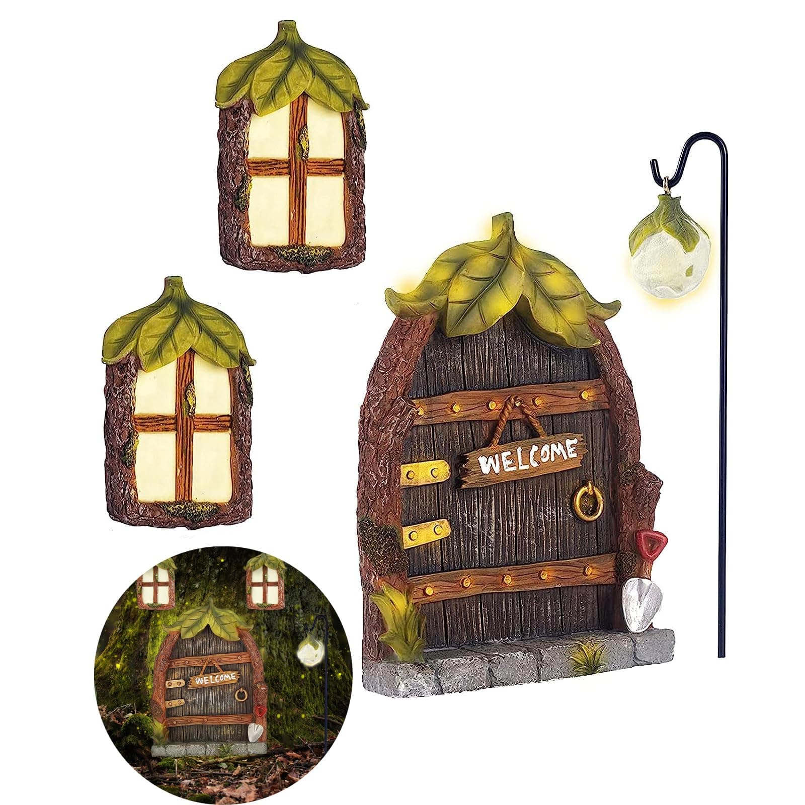 Miniature Fairy Garden Accessories Fairy Door and Windows for Trees, Glow in The Dark Yard Sculpture Lawn Ornament Mini Garden Art Outdoor Decor Accessories with Lantern
