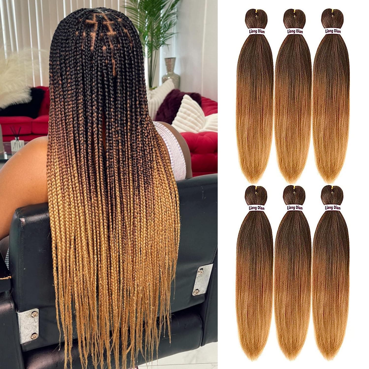 Liang Dian Pre-Stretched Braiding Hair Ombre Color Synthetic Hair Extensions 22 inch 6packs Crochet Hair Braids Braiding(1B/30/27)