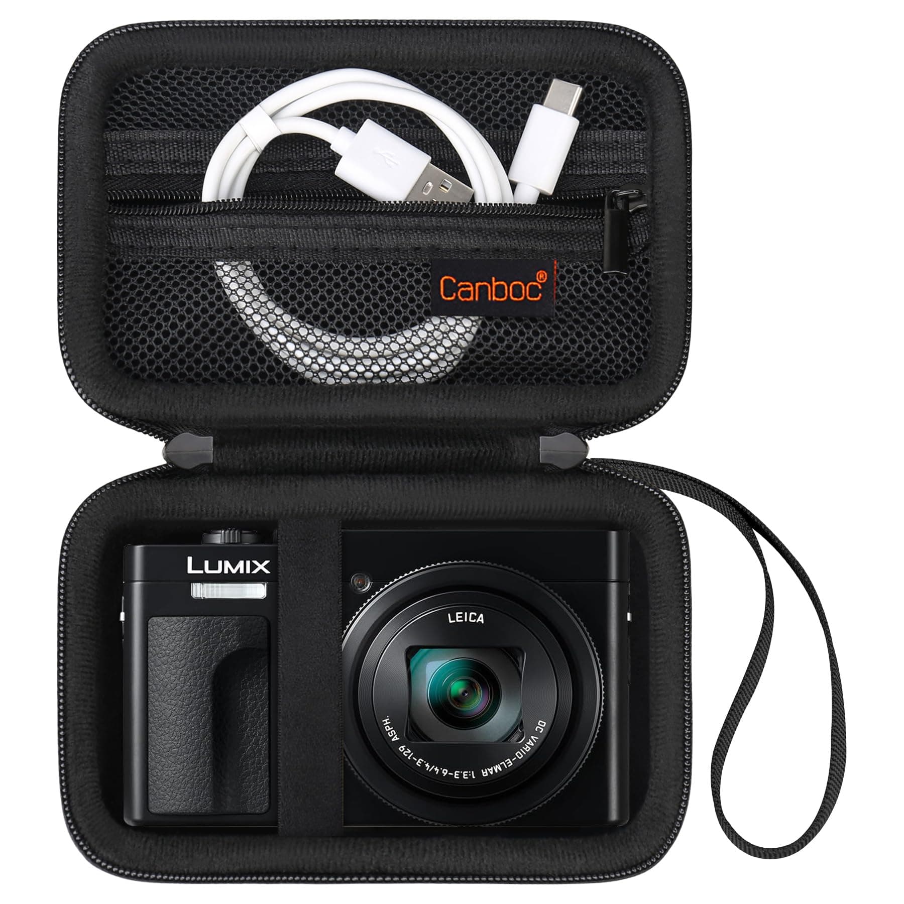 Canboc Carrying Case for Panasonic LUMIX ZS99/ TZ99/ LX10/ ZS80/ ZS100/ ZS70/ ZS200 Point and Shoot Camera, Zipper Mesh Pocket fits USB Cable, Batteries, Black (Case Only)