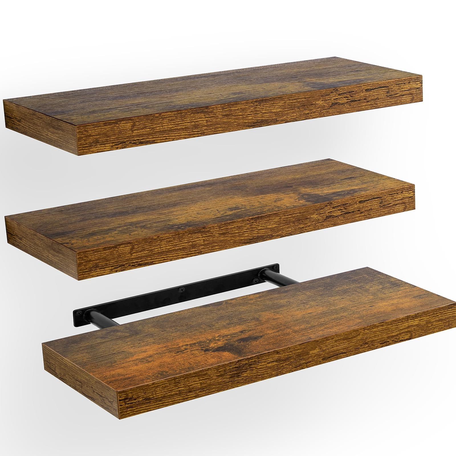 Floating Shelves, Wall Shelves for Bathroom/Living Room/Bedroom/Kitchen Decor, Decor Shelf with Invisible Brackets Set of 3, Rustic Brown - AMFS07V
