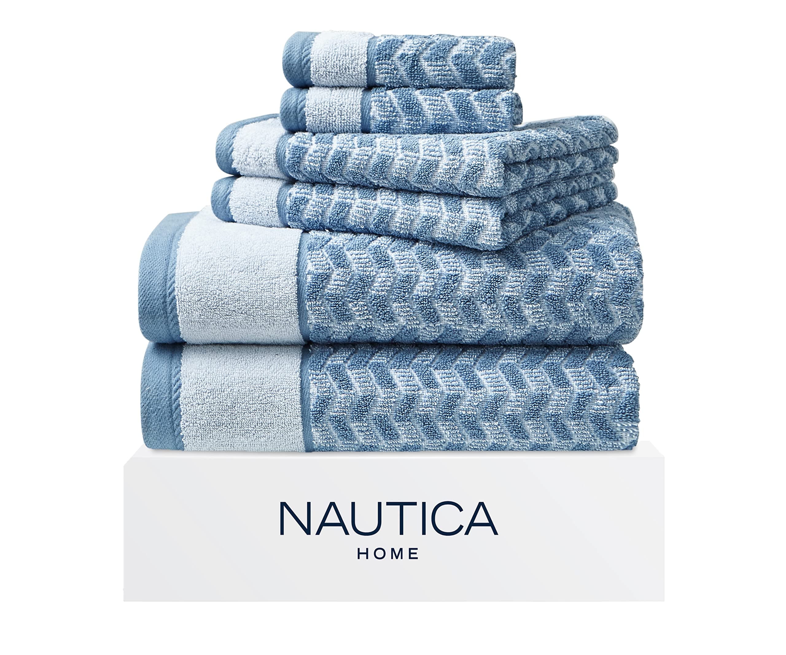 Bath Towels, Highly Absorbent & Soft Bathroom Essentials, Oeko-Tex Certified (Zane Chevron Blue, 6-Piece)