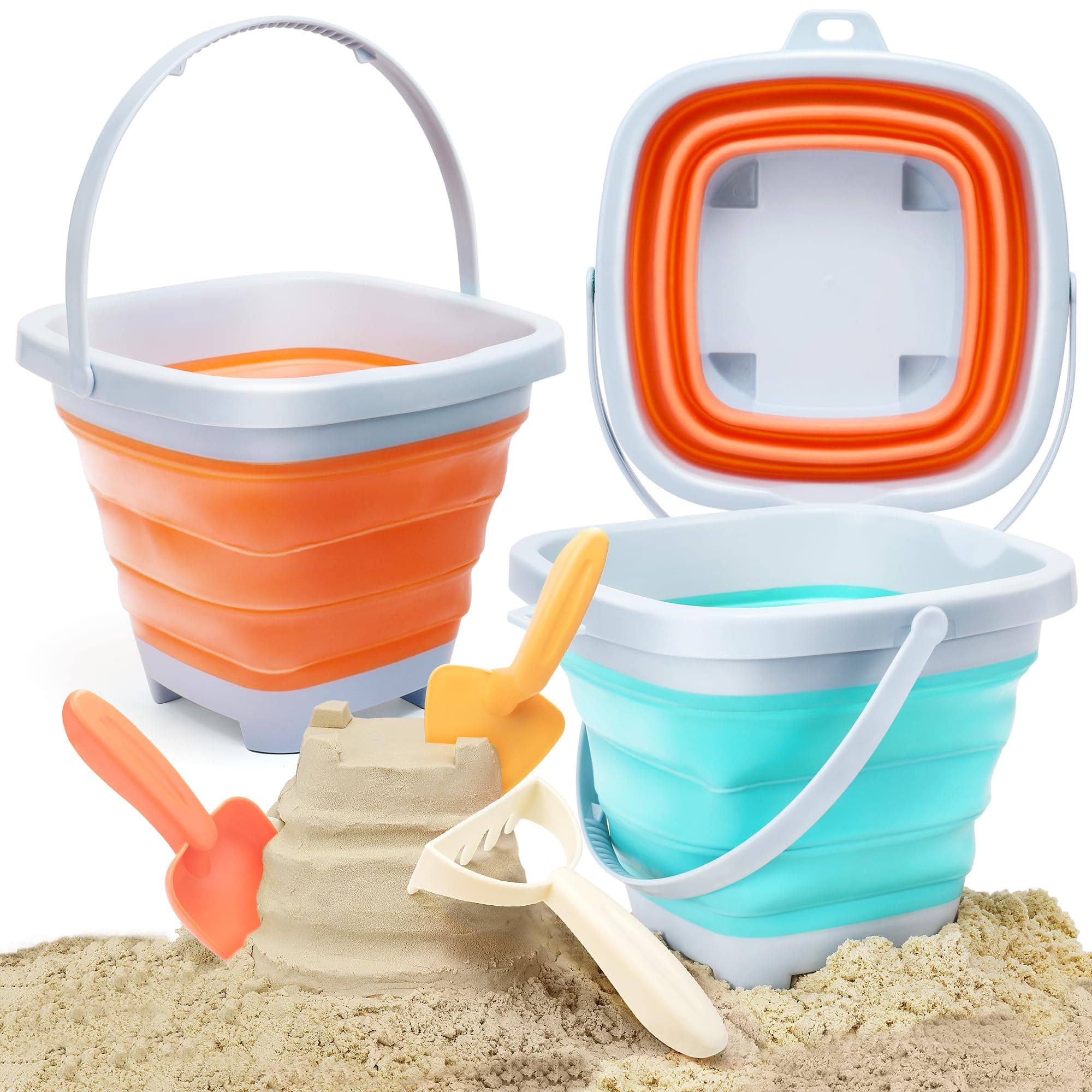 OR OR TU 6 Pcs Collapsible Sand Buckets Beach Bucket Set for Kids Foldable Bucket Castle Molds Shovels Rake Tool Kits, Gifts for 1 2 3 4 5 6 Baby Toddler Kids Boys and Girls