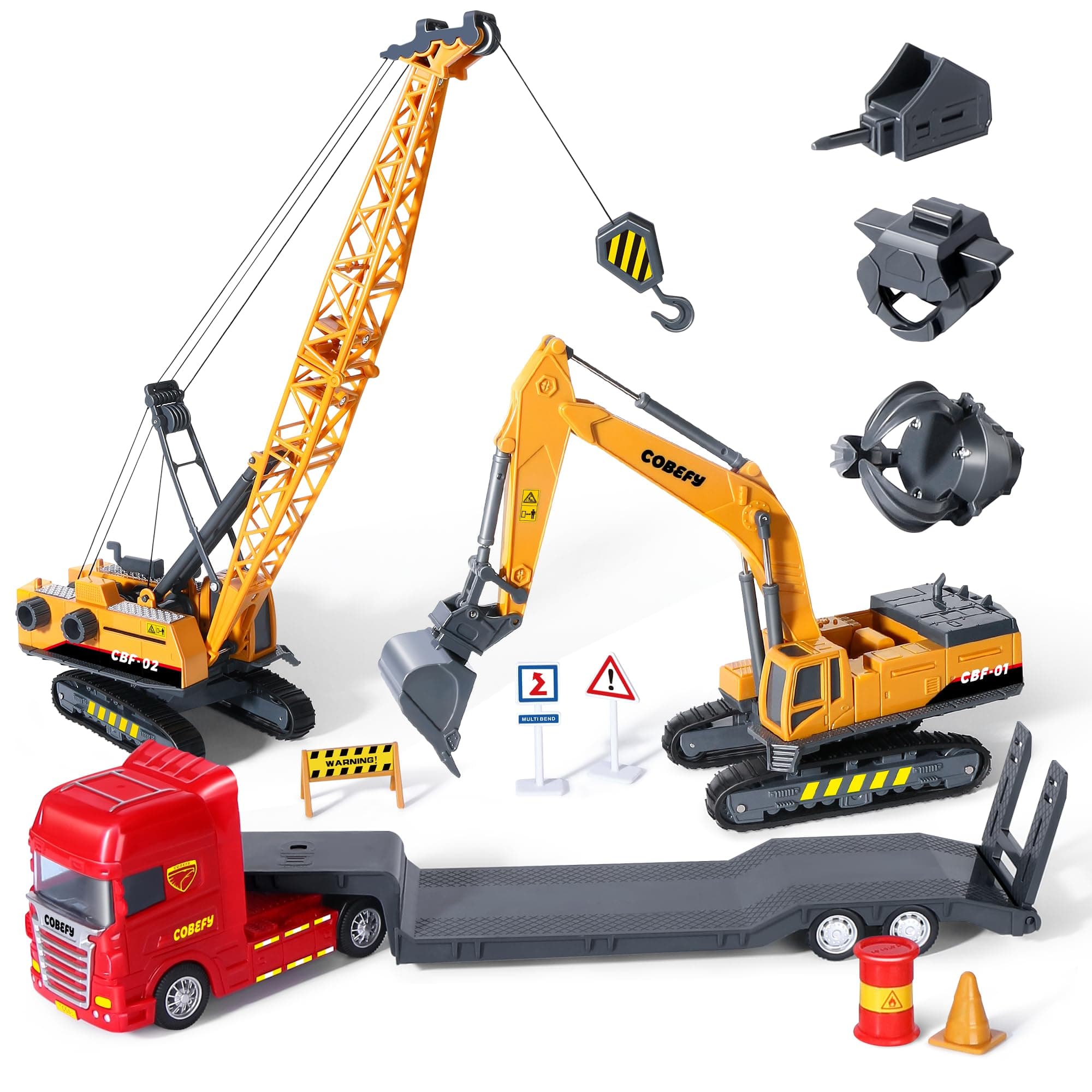 Kids Construction Toys for Boys, Playset of Excavator Toy, Crane Toy & Semi Truck Toy Tractor Lowboy Trailer, Construction Trucks for Toddler, Ideal Birthday Party Favor Gift for 3 Years Old and Up